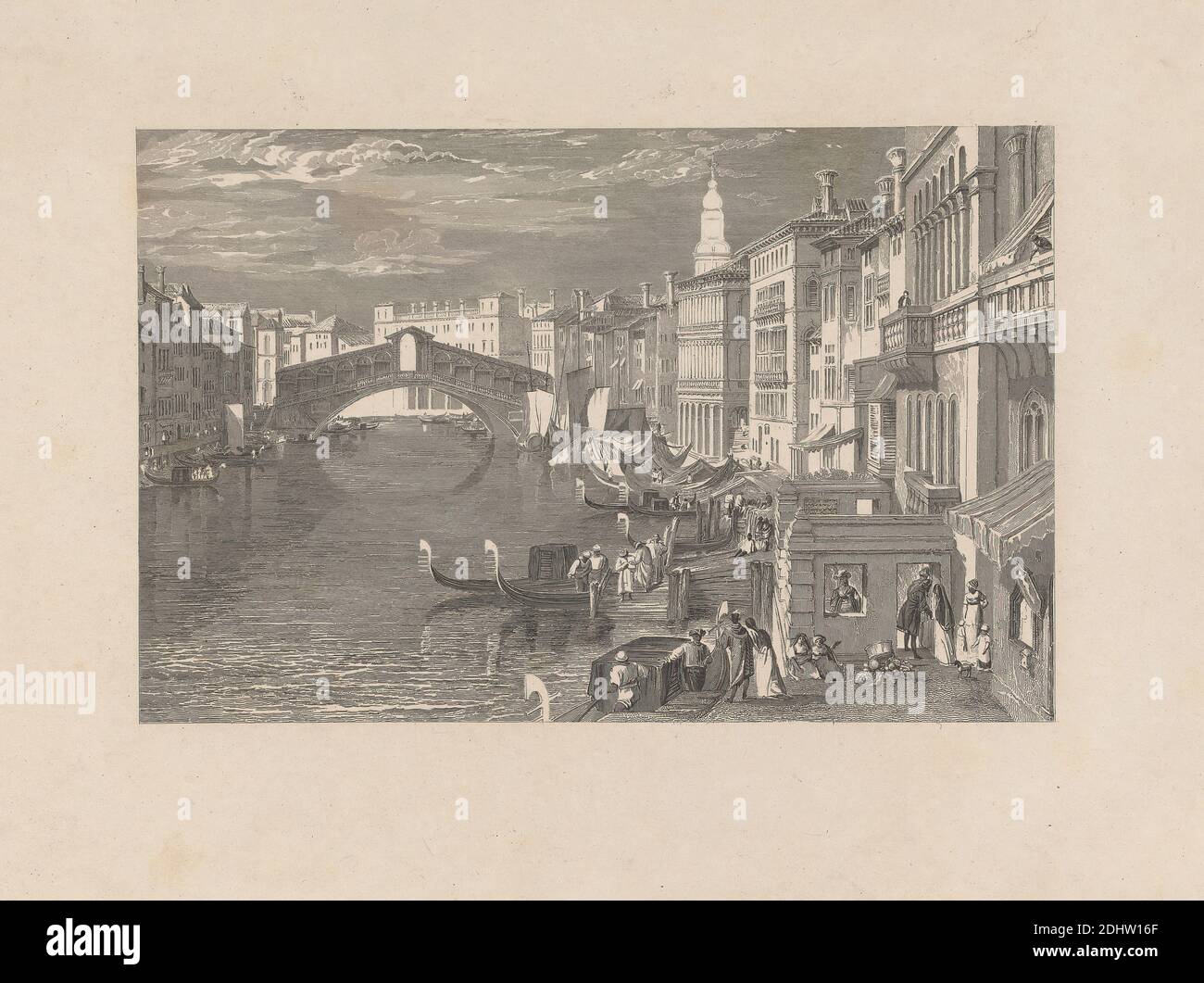 Le Rialto, Venise, John Pye, 1782–1874, britannique, d'après Joseph Mallord William Turner, 1775–1851, britannique, 1818-1820, Etching, gravure en lignes et gravure en créplet, 2e état sur modérément épais, modérément texturé, crème, papier couché, feuille: 11 5/8 × 17 3/8 pouces (29.5 × 44.1 cm), plaque: 9 × 12 pouces (22.9 × 30.5 cm) et image : 5 5/8 × 8 5/8 pouces (14.3 × 21.9 cm) Banque D'Images