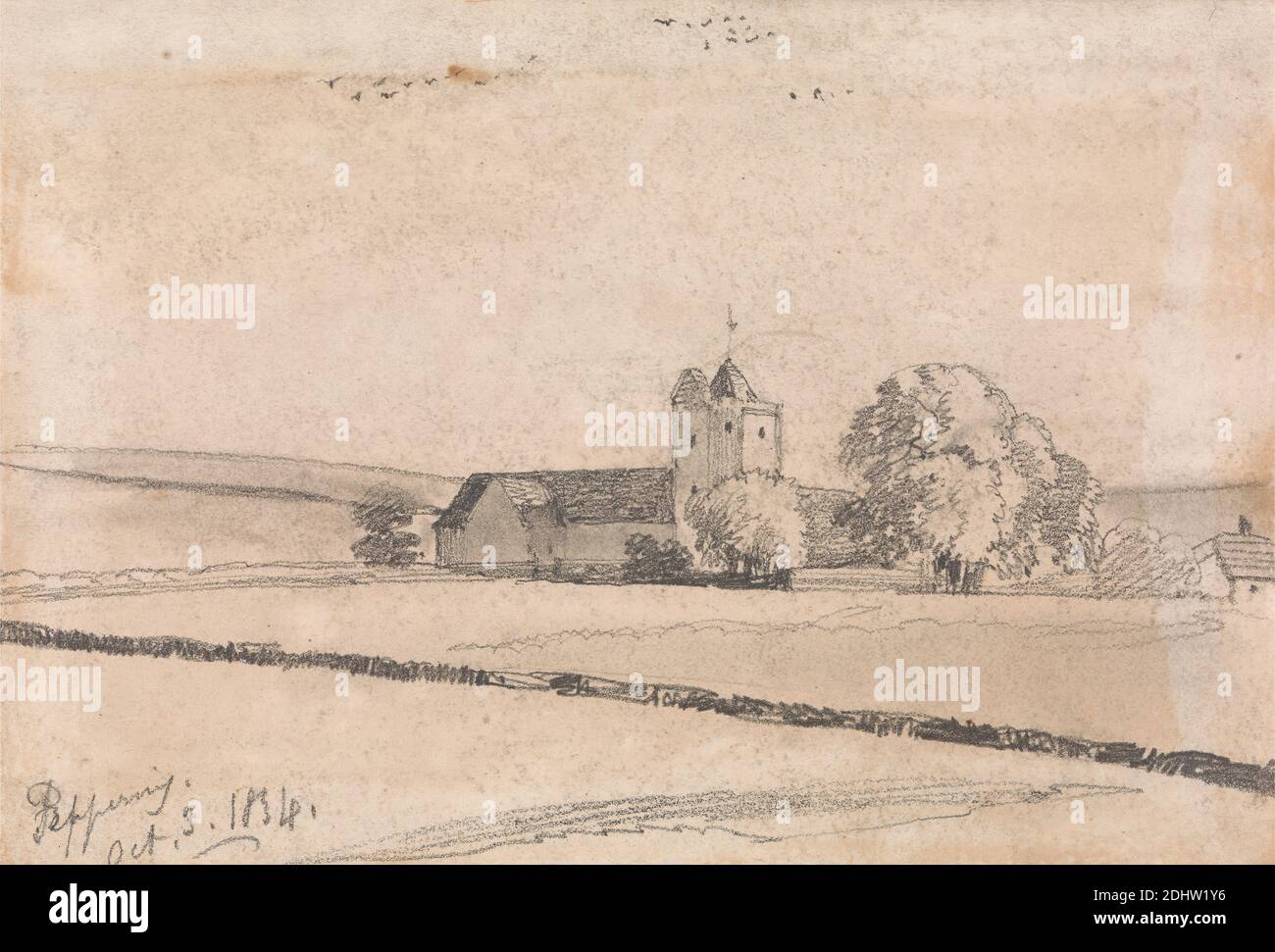 Peppering, octobre 3. 1834, Edward Lear, 1812–1888, British, 1834, Graphite sur du papier à colombe beige légèrement texturé, feuille: 4 3/8 x 6 1/2 pouces (11.1 x 16.5 cm), bâtiments, buissons, paysage, ciel, arbres, Angleterre, Royaume-Uni Banque D'Images