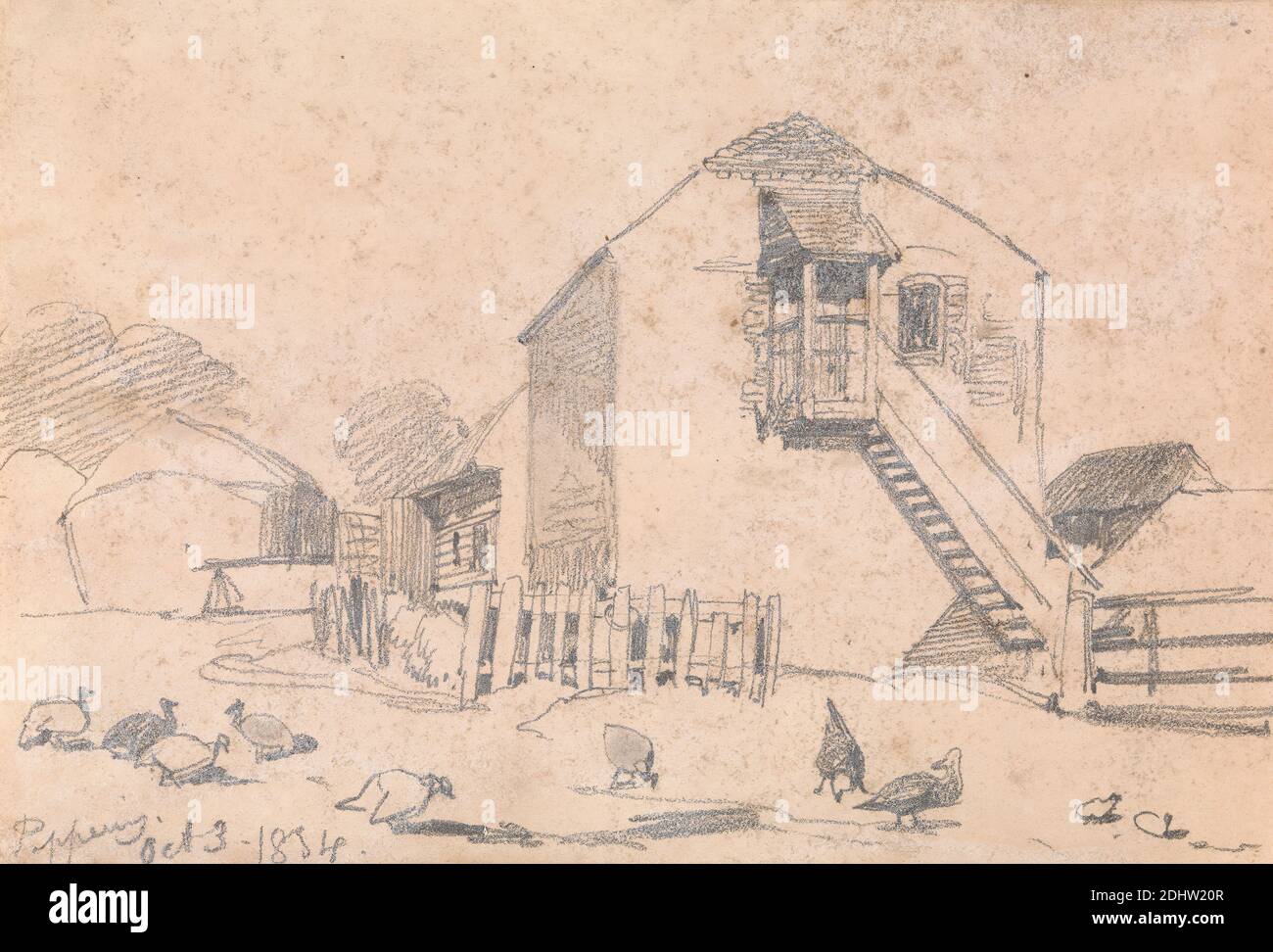 Peppering, 3 au 1834 octobre, Edward Lear, 1812–1888, British, 1834, Graphite sur papier de vélin beige modérément épais, légèrement texturé, feuille: 4 3/8 x 6 1/2 pouces (11.1 x 16.5 cm), bâtiments, clôture, genre sujet, volaille, marches, Angleterre, Royaume-Uni Banque D'Images