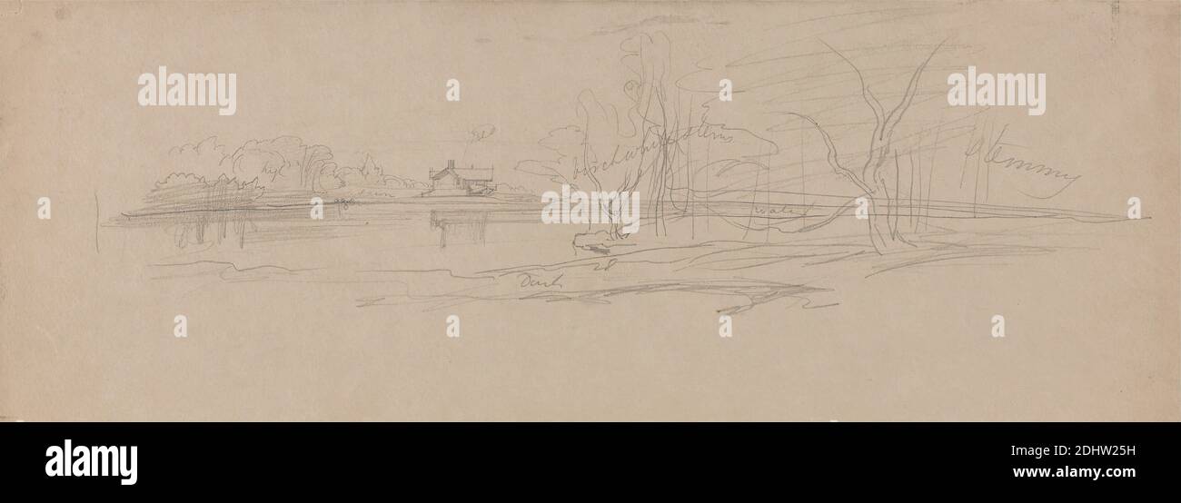 À Knowsley?, Edward Lear, 1812–1888, British, 1834, Graphite sur du papier de vélin beige modérément épais, légèrement texturé, feuille: 5 3/8 x 14 15/16 pouces (13.7 x 37.9 cm), buissons, maison, paysage, rivière, arbres, Angleterre, Knowsley, Royaume-Uni Banque D'Images