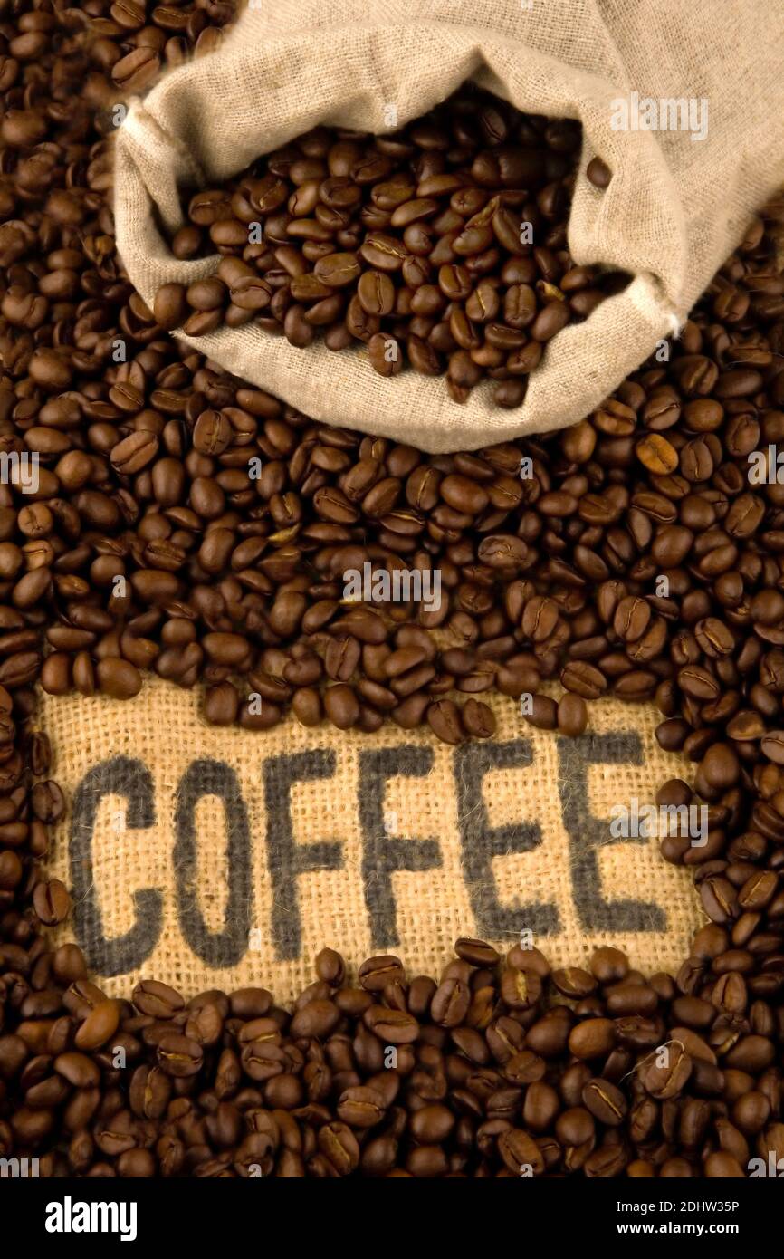 Kaffeebohnen, Kaffee, grains de café, Sack mit Kaffee, Banque D'Images