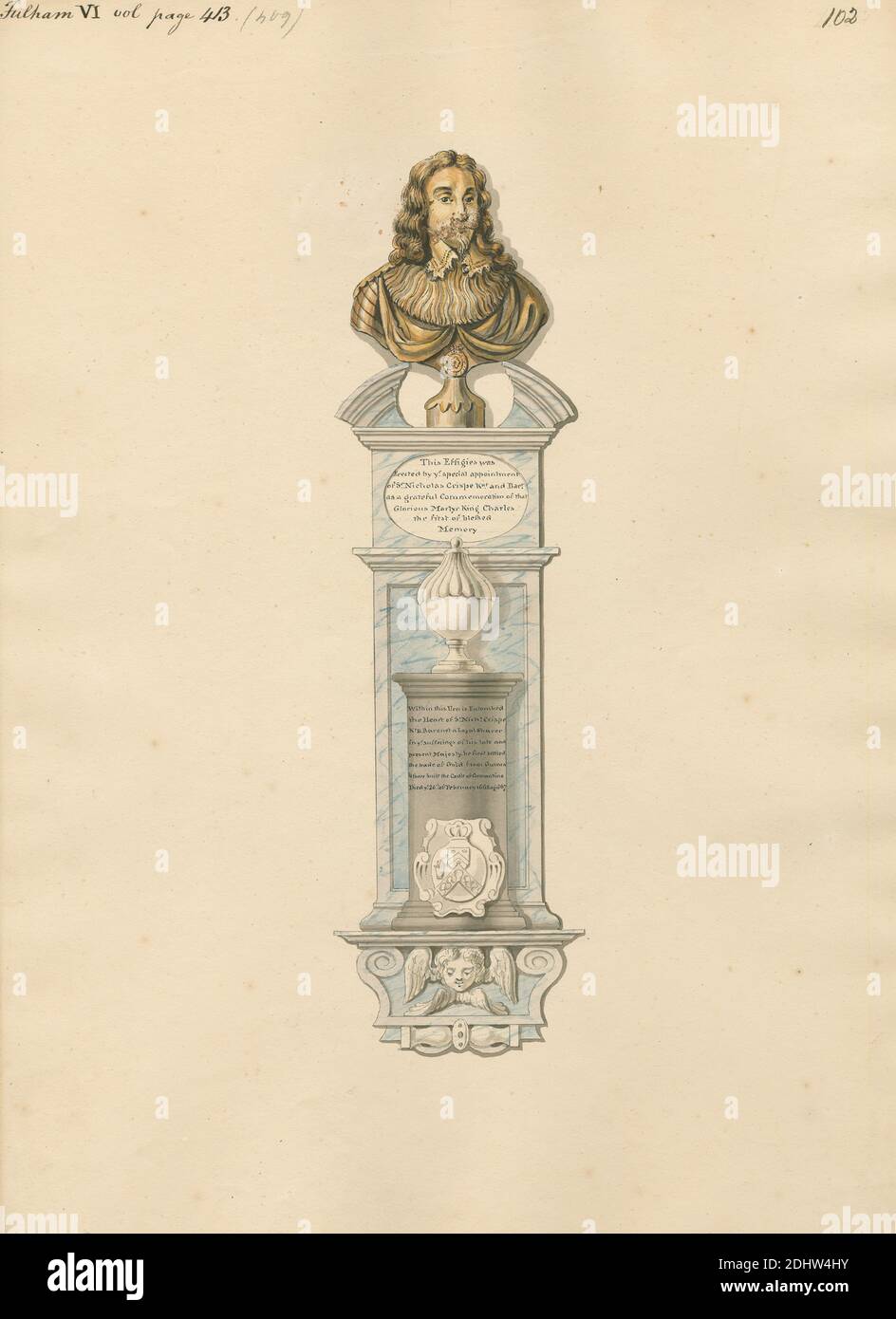 Effigie de Charles I au-dessus du Mémorial à Sir Nicholas Crispe de l'église Fulham, attribuée à Daniel Lysons, 1762–1834, Britannique, entre 1796 et 1811, stylo et encre noire et aquarelle sur graphite sur papier vélin moyen, légèrement texturé, crème, feuille : 14 3/4 × 10 7/8 pouces (37.5 × 27.6 cm), sujet architectural, église, effigie, mémorial, Église de la Toussaint, Angleterre, Fulham, Grand Londres, Londres, Royaume-Uni Banque D'Images