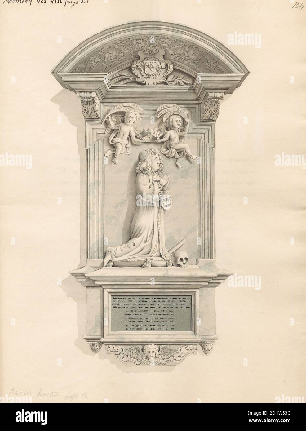 Memorial à Francis Musters, attribué à Daniel Lysons, 1762–1834, Britannique, entre 1796 et 1811, stylo et encre noire et aquarelle sur graphite sur papier vélin moyen, légèrement texturé, crème feuille: 14 1/2 × 10 3/4 pouces (36.8 × 27.3 cm), sujet architectural, église, mémorial, Angleterre, Grand Londres, Londres, Royaume-Uni Banque D'Images