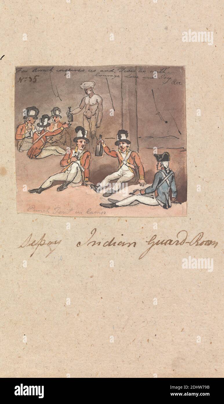 Indian Guard Room, Robert Mabon, décédé en 1798, britannique, non daté, aquarelle et graphite avec stylo et encre noire sur papier vélin moyen, légèrement texturé, crème feuille: 2 1/2 × 3 pouces (6.4 × 7.6 cm), garde, Indien, art militaire, militaire, militaire, les soldats Banque D'Images