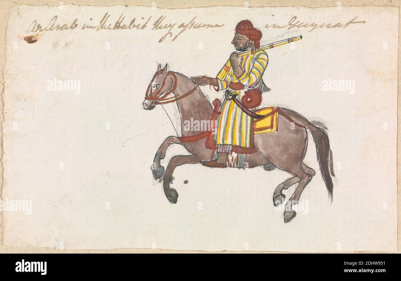 Un arabe dans les vêtements de Guyirat, Gangaram Chintaman Tambat, active 1790, Anglo-Indian, non daté, aquarelle et graphite avec stylo et encre noire sur papier moyen, légèrement texturé, crème posée, feuille: 5 × 7 1/2 pouces (12.7 × 19.1 cm), art animal Banque D'Images