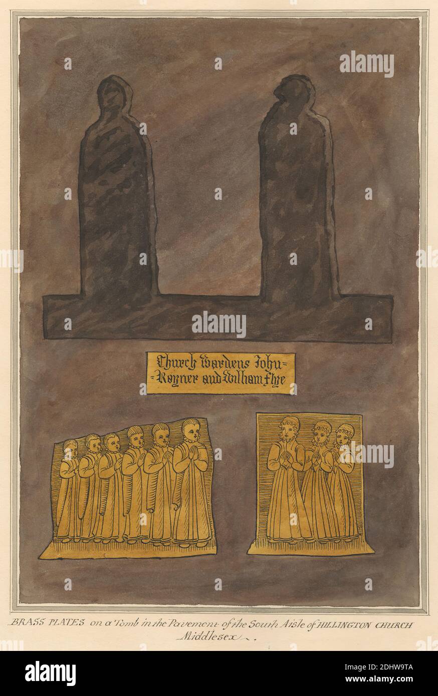 Plaques de laiton sur une tombe non identifiée dans la chaussée de l'allée sud de l'église Hillingdon, Daniel Lysons, 1762–1834, Britannique, entre 1796 et 1811, stylo et encre noire, aquarelle et gouache sur graphite sur papier vélin moyen, légèrement texturé, crème, feuille : 14 7/8 × 10 1/2 pouces (37.8 × 26.7 cm), sujet architectural, laiton, église, mémorial, plaques, tombeau, église Saint-Jean-Baptiste, Angleterre, Grand Londres, Hillingdon, Londres, Royaume-Uni Banque D'Images