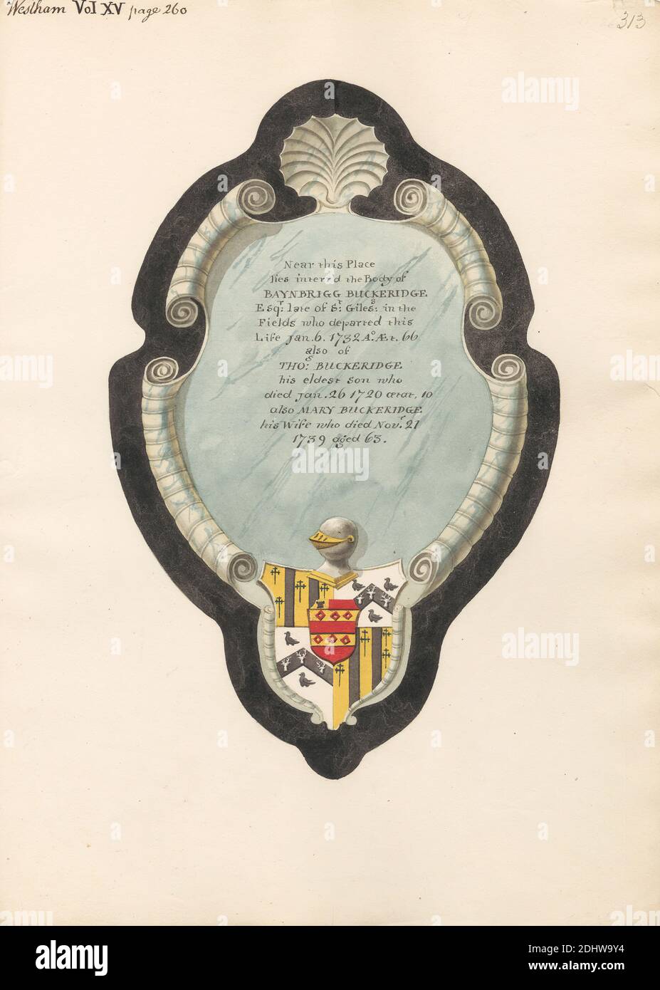 Memorial à Baybrigg Buckeridge, son épouse Mary, et son fils Thomas de West Ham Church, Daniel Lysons, 1762–1834, Britannique, entre 1796 et 1811, stylo et encre noire, aquarelle et gouache sur graphite sur papier vélin moyen, légèrement texturé, crème, feuille : 15 × 10 3/4 pouces (38.1 × 27.3 cm), sujet architectural Banque D'Images