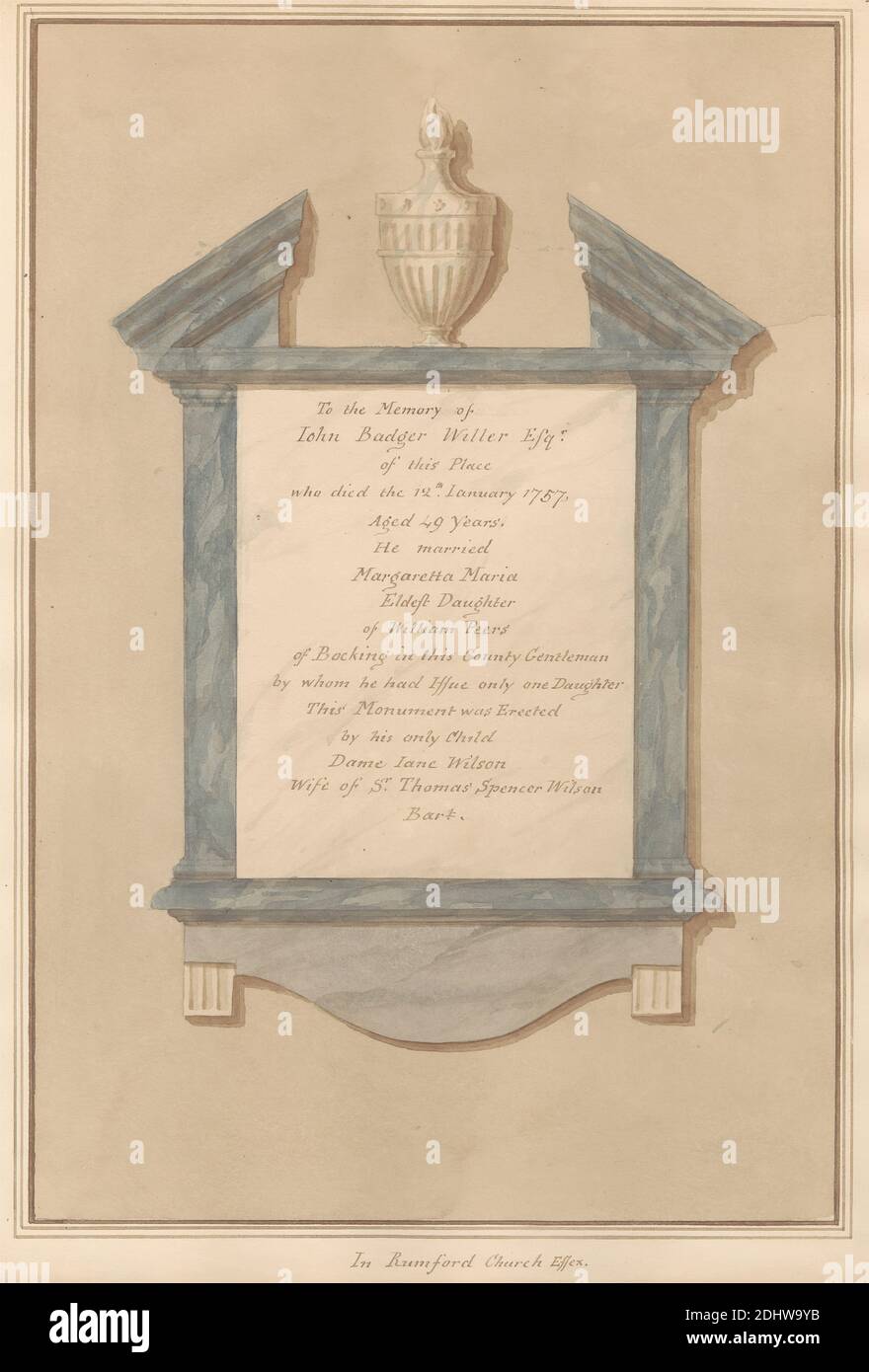 Memorial to John Badger Willer de l'église Romford, Daniel Lysons, 1762–1834, British, entre 1796 et 1811, stylo et encre noire, aquarelle et gouache sur graphite sur papier de vélin moyen, légèrement texturé, crème, feuille : 15 × 10 5/8 pouces (38.1 × 27 cm), sujet architectural, église, mémorial, Angleterre, Grand Londres, Londres, Romford, St Edward The confesseur Church, Royaume-Uni Banque D'Images