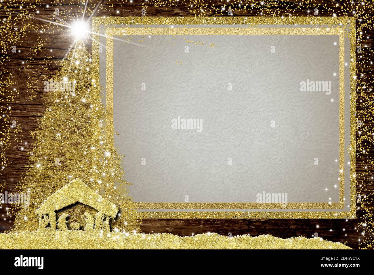 Noël cadre photo vide cartes de voeux. Scène Nativiy, Noël et étoile de Bethléem, paillettes dorées, cadre photo blanc vide sur une ancienne banette en bois Banque D'Images