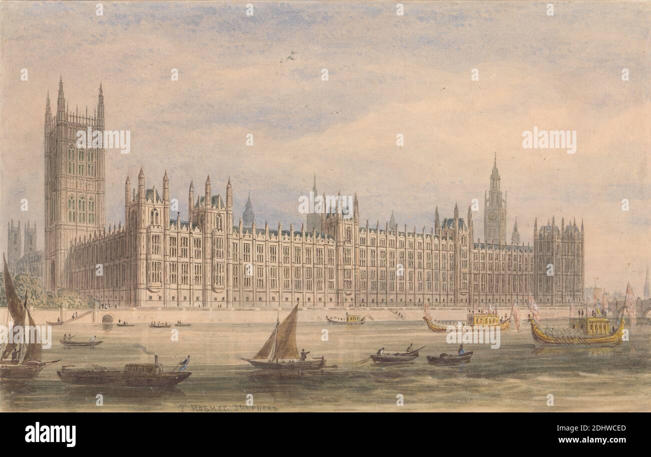 The Houses of Parliament, Thomas Hosmer Shepherd, 1792–1864, britannique, non daté, aquarelle, encre brune et graphite sur papier vélin moyen, légèrement texturé, crème, feuille : 4 13/16 × 7 5/8 pouces (12.2 × 19.4 cm), sujet architectural, barges (embarcations de cérémonie), bateaux, pont (travaux de construction), paysage urbain, drapeaux, Renaissance gothique, rivière, voiles, flèches, marches, tours, fenêtres, Cité de Westminster, Angleterre, chambres du Parlement, Londres, Palais de Westminster, Thames, Royaume-Uni, Royaume-Uni Banque D'Images