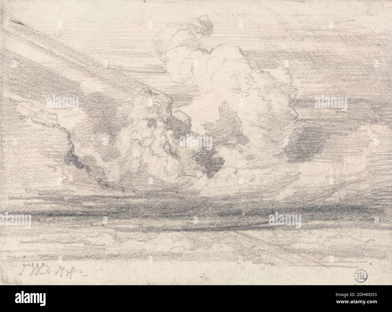 Cloud Study, James Ward, 1769–1859, British, non daté, Graphite sur papier vélin moyen, lisse, crème, monté sur papier cousu moyen, légèrement texturé, beige, feuille: 5 1/4 x 7 1/8 pouces (13.3 x 18.1 cm) et support: 5 × 11 1/8 pouces (12.7 × 28.3 cm), nuages, paysage, science, ciel, étude (travail visuel Banque D'Images