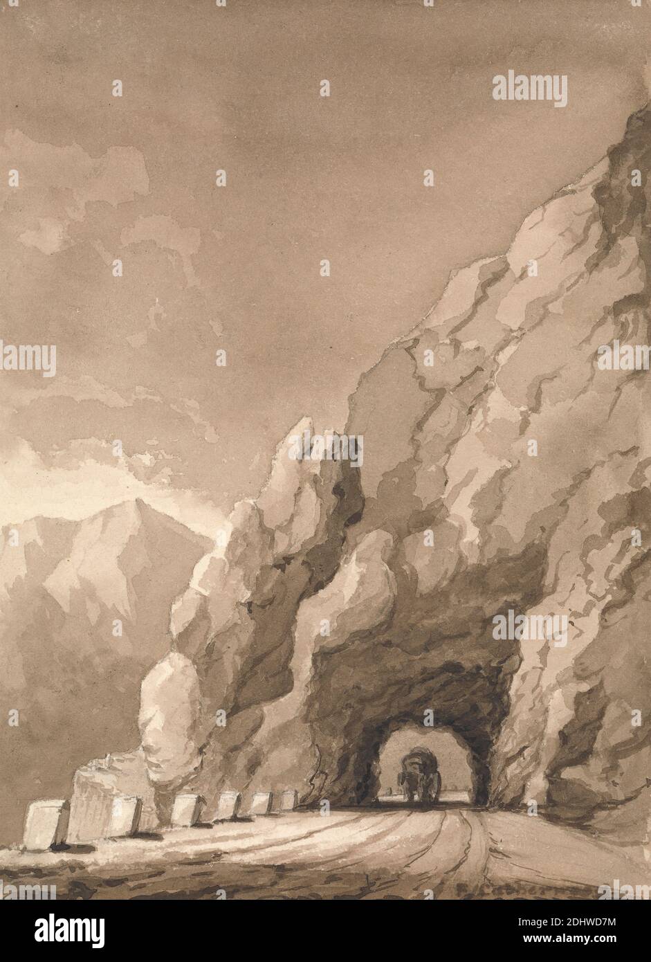 Mountain Road, Frederick Catherwood, 1799–1854, British, non daté, Graphite et lavage brun sur papier vélin moyen, légèrement texturé, crème feuille: 6 13/16 × 5 pouces (17.3 × 12.7 cm), paysage, montagne, route, tunnel, wagon Banque D'Images