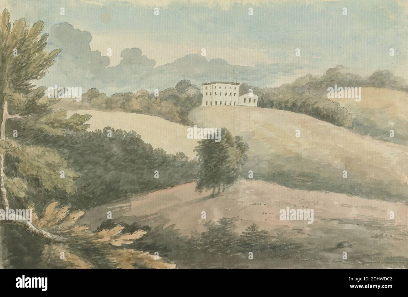 Mowbray Park, Edward Francis Burney, 1760–1848, britannique, non daté, aquarelle, plume et encre noire sur papier moyen, légèrement texturé, crème, feuille: 7 1/8 × 10 3/4 pouces (18.1 × 27.3 cm), nuages, collines, maisons, paysage, arbres, vallée (forme terrestre Banque D'Images