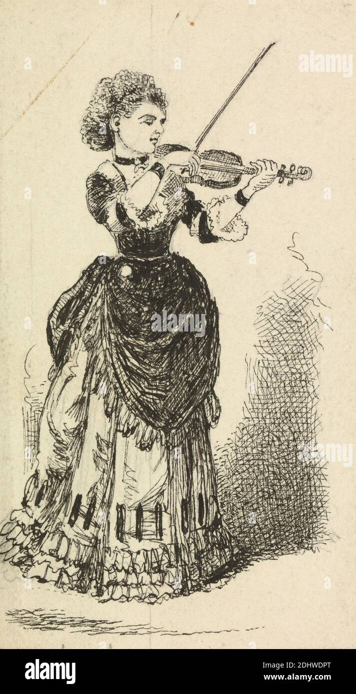 Femme jouant le violon, George Augustus Sala, 1828–1895, britannique, non daté, Graphite avec stylo et noir et encre sur papier de vélin moyen, légèrement texturé, feuille: 4 9/16 × 2 9/16 pouces (11.6 × 6.5 cm), étude de figure, lecture (musique), violon, femme Banque D'Images