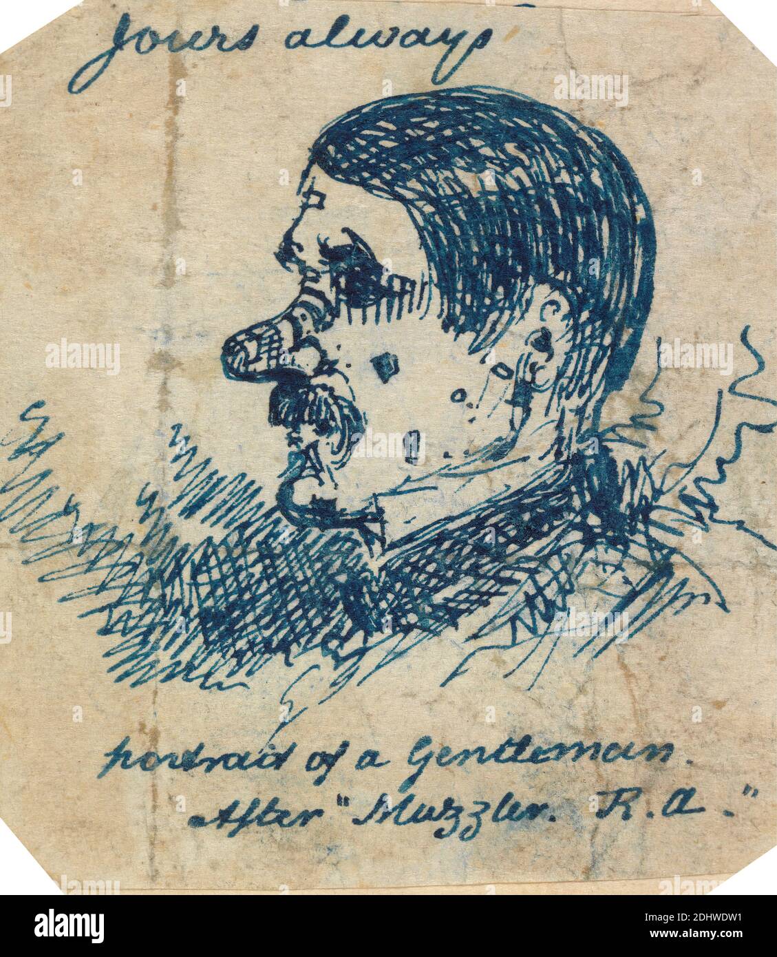 Autoportrait, George Augustus Sala, 1828–1895, britannique, non daté, stylo et encre bleue sur papier à feuilles crème légèrement texturées, feuille: 2 5/16 × 2 pouces (5.9 × 5.1 cm), portrait, autoportraits Banque D'Images