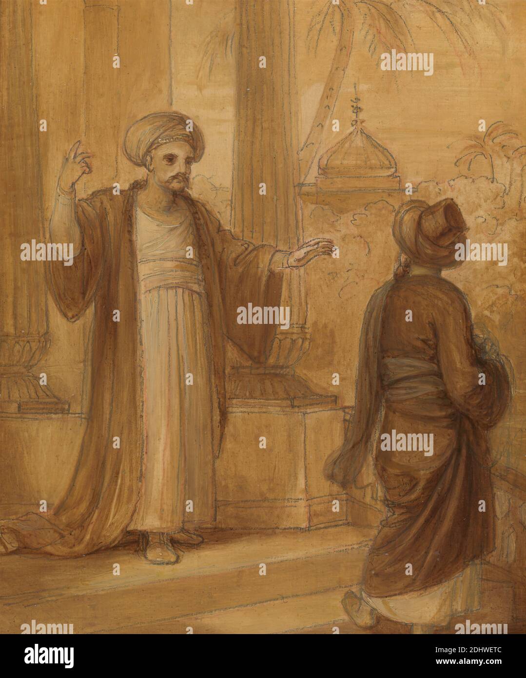 Illustration pour une romance orientale, peut-être « les nuits arabes », avec deux figures masculines debout, Robert Smirke, 1752–1845, britannique, non daté, huile et graphite sur papier vélin monté à bord, feuille: 4 1/2 × 3 1/2 pouces (11.4 × 8.9 cm), colonne (élément architectural), thème littéraire, robe, temple, turban Banque D'Images