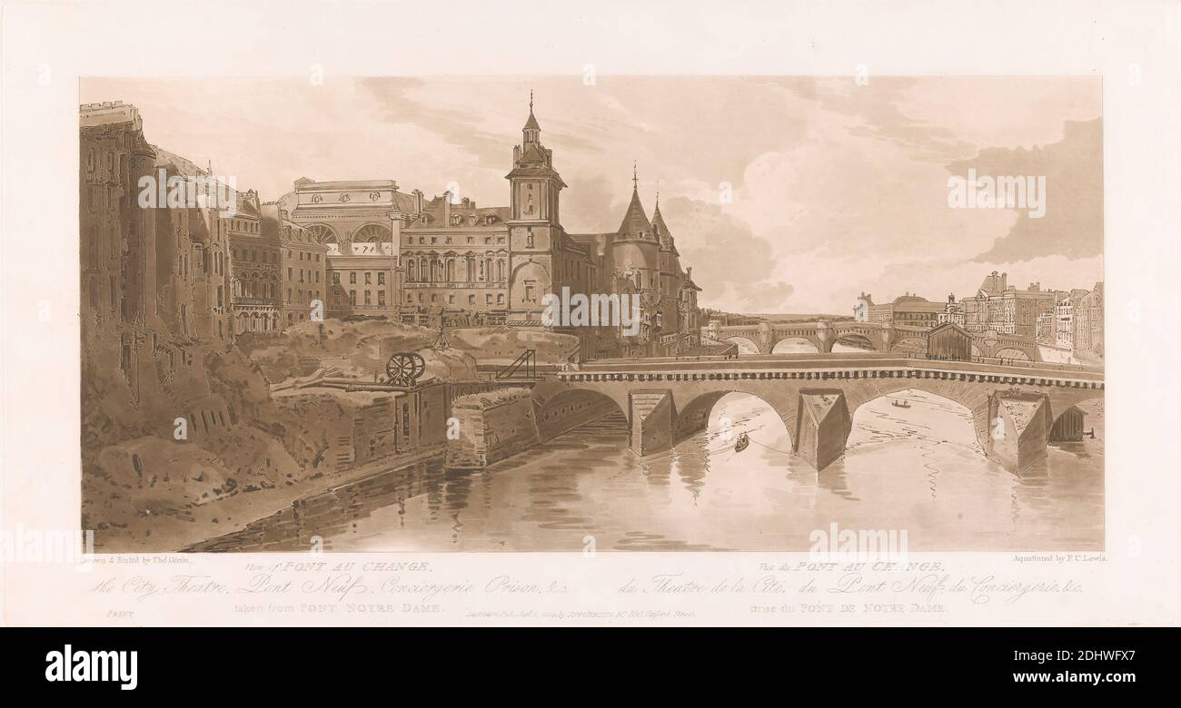 Vue de Pont au change, Théâtre de la Cité, Pont neuf et la prison de la conciergerie, Frederick Christian Lewis The Elder, 1779–1856, Britannique, après Thomas Girtin, 1775–1802, Britannique, 1803, gravure en sol mou et aquatinte, état publié, plaque: 11 3/4 x 22 1/4in. (29.8 x 56,5 cm) et N'UTILISEZ pas : 15 5/8 x 24 1/2in. (39.7 x 62,2 cm), Bourse de Paris, conciergerie, Europe, France, Paris, Pont au change, Pont neuf, Seine, Théâtre de la ville – Sarah-Bernhardt, ville de Paris, Département de, Île-de-France Banque D'Images