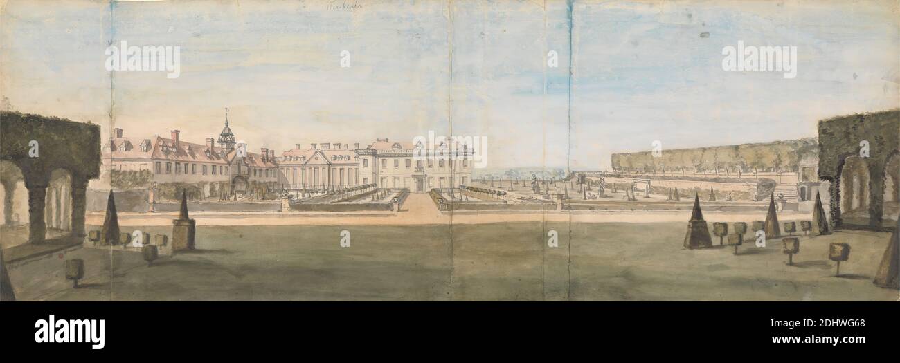 Vue sur le jardin et la maison à Upper Winchendon, Buckinghamshire, attribué à Peter Tillemans, 1684–1734, flamand, actif en Grande-Bretagne (à partir de 1708), non daté, aquarelle et graphite sur papier moyen, légèrement texturé, crème, feuille: 13 3/4 × 40 1/8 pouces (34.9 × 101.9 cm), Buckinghamshire, Angleterre, Europe, Royaume-Uni, Upper Winchendon Banque D'Images