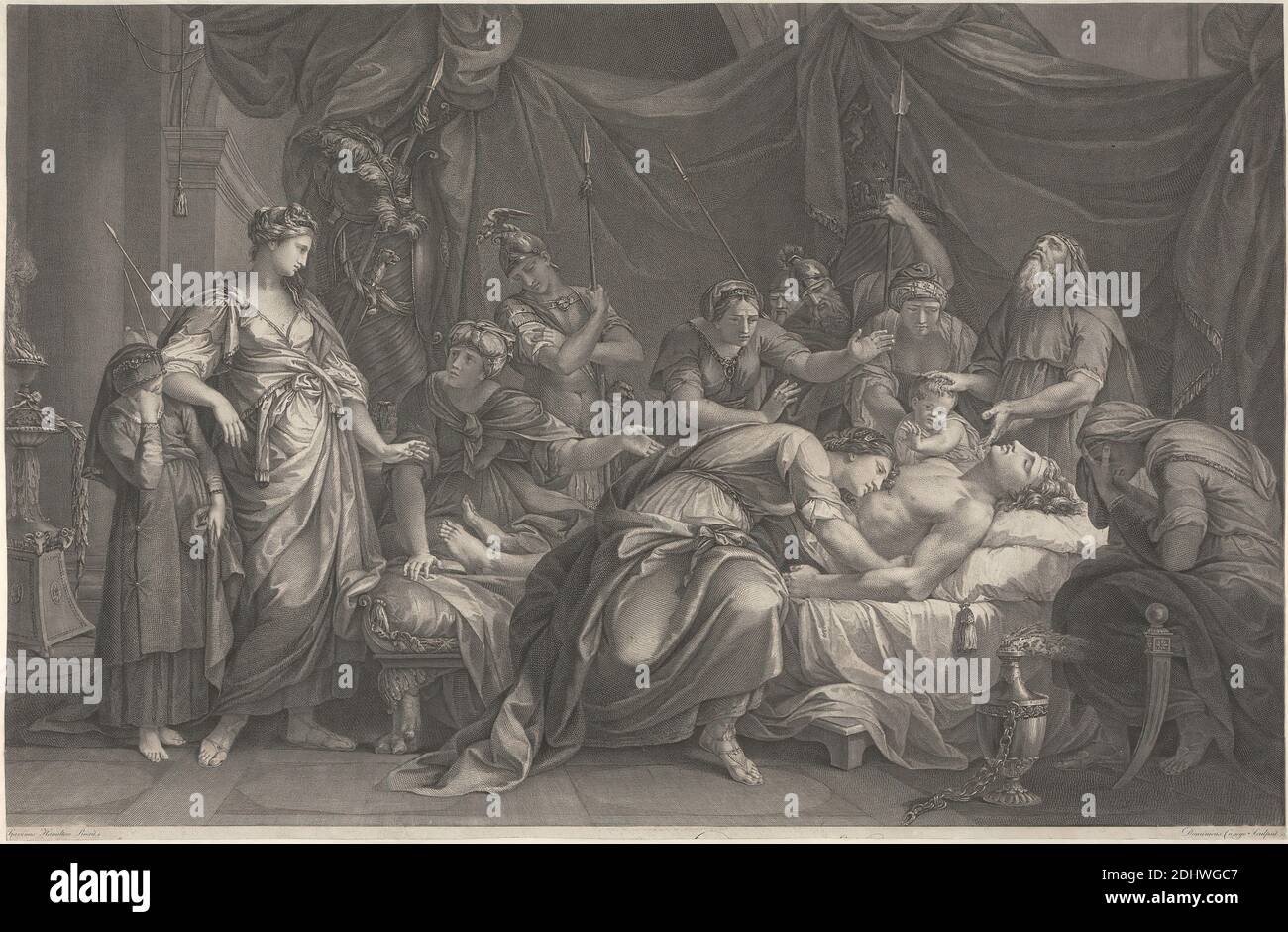 Andromache Bewliing The Death of Hector, Domenico Cunego, 1726–1803, italien, d'après Gavin Hamilton, 1723–1798, britannique, active en Italie (1744–48 et 1756), 1764, gravure en ligne, plaque: 15 7/8 x 24 1/8in. (40.3 x 61,3 cm), chaîne, rideau, mort, casques, deuil, oreillers, sujet religieux et mythologique, lances (armes), épées, vase Banque D'Images
