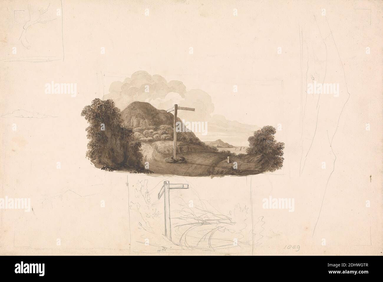 Croquis fait pour une vignette par l'histoire de Caernarvonshire de M. Ed Hall, qui n'a jamais été publié, Isaac Weld, 1774–1856, irlandais, 1809, encre stylo et brune, sur graphite sur papier épais, modérément texturé, crème, papier vélin, feuille: 11 × 16 3/8 pouces (27.9 × 41.6 cm Banque D'Images