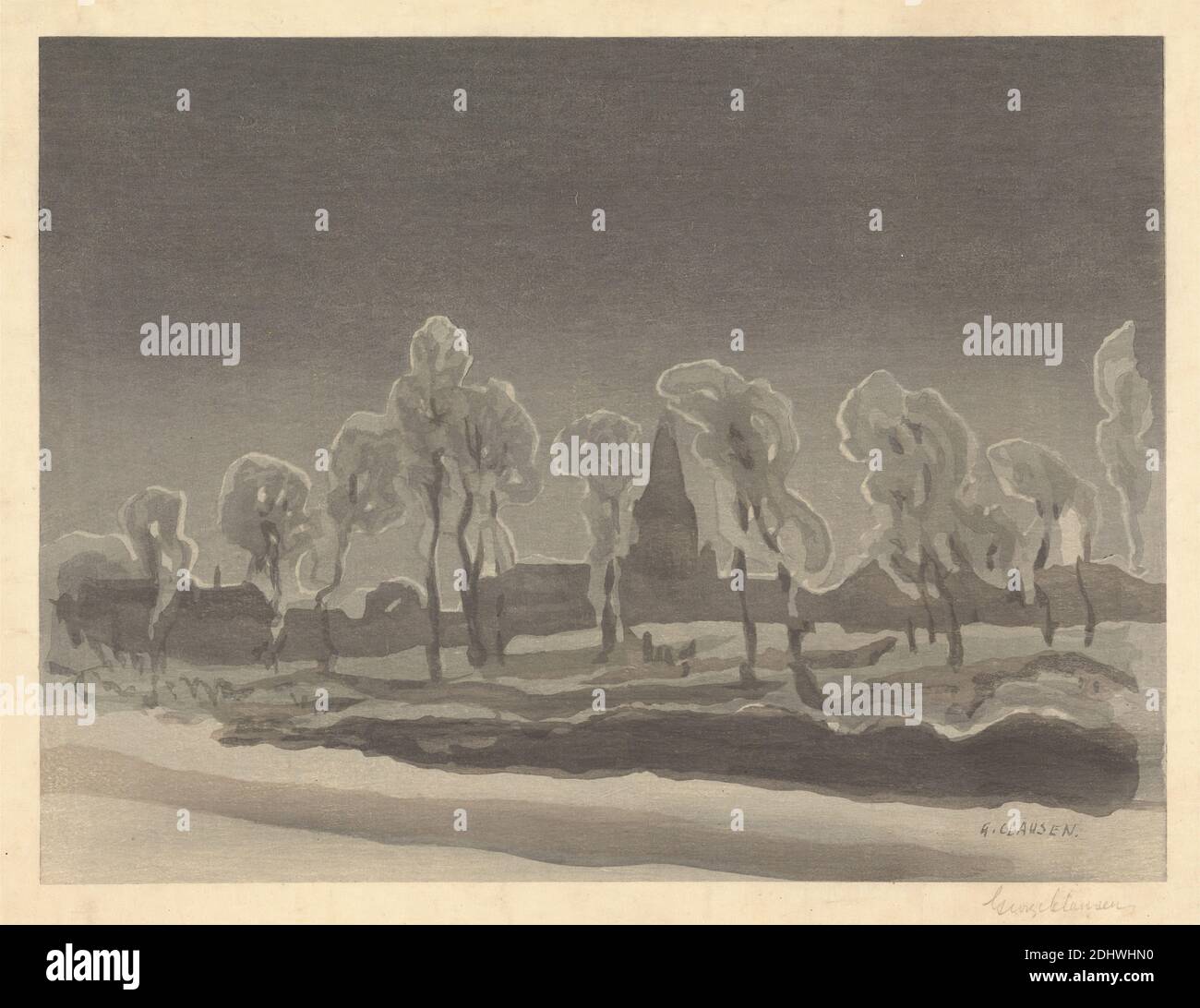 Camblain-l’Abbé, imprimé par George Clausen, 1852–1944, British, 1920, coupe de bois de couleur sur papier asiatique moyen, légèrement texturé, feuille : 11 5/16 x 15 3/8 pouces (28.8 x 39 cm) et image : 8 7/8 x 11 13/16 pouces (22.6 x 30 cm), sujet architectural, église, sombre, crépuscule, paysage, nuit, silhouette, flèche, arbres, Arras, Camblain-l'Abbé, Église Saint-Pierre, France, Nord-pas-de-Calais, pas-de-Calais Banque D'Images