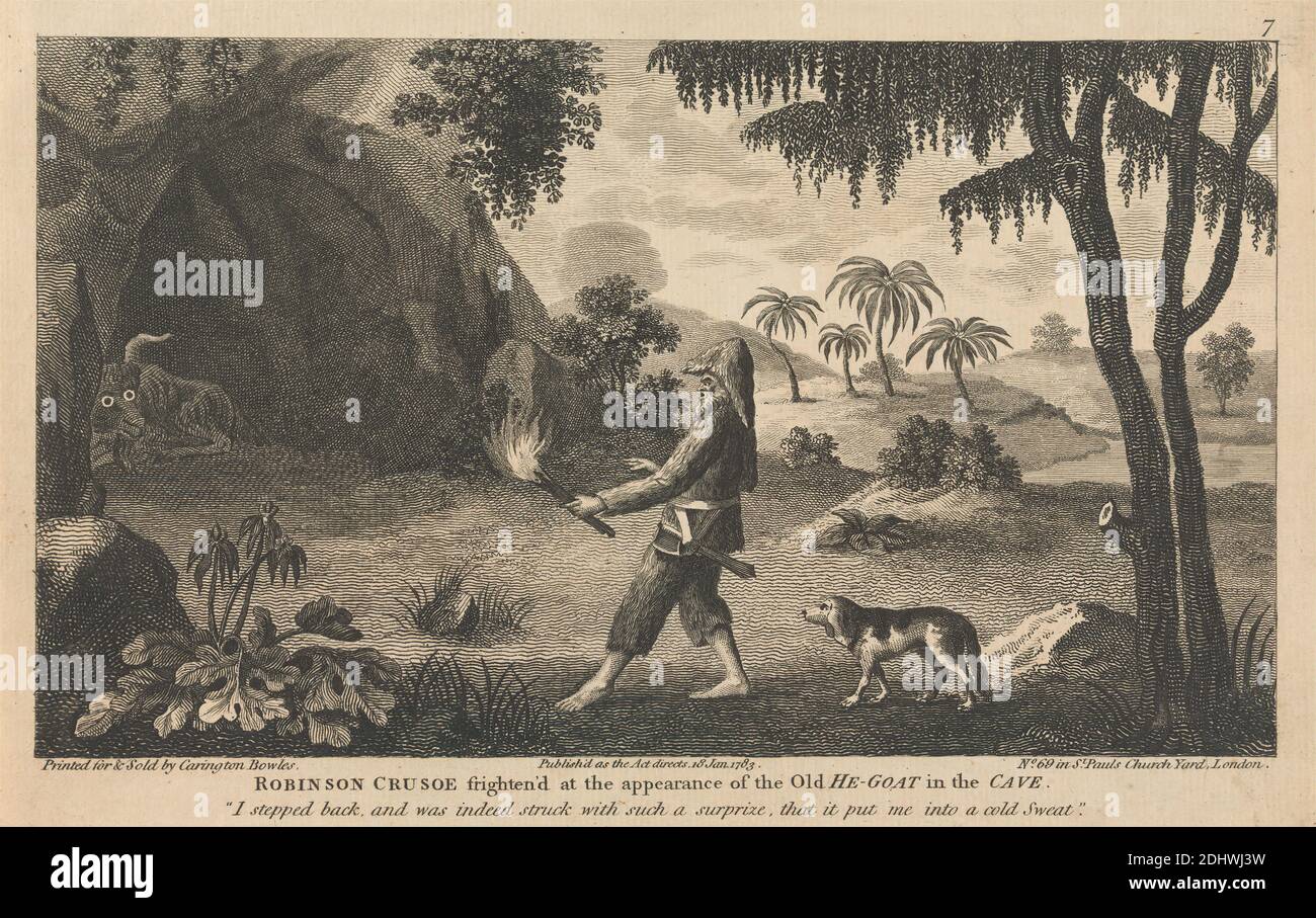 Douze illustrations de Robinson Crusoe, Carington Bowles, 1724–1793, British, 1783, plage, grotte, chien (animal), feu, thème littéraire, palmiers, tropiques Banque D'Images