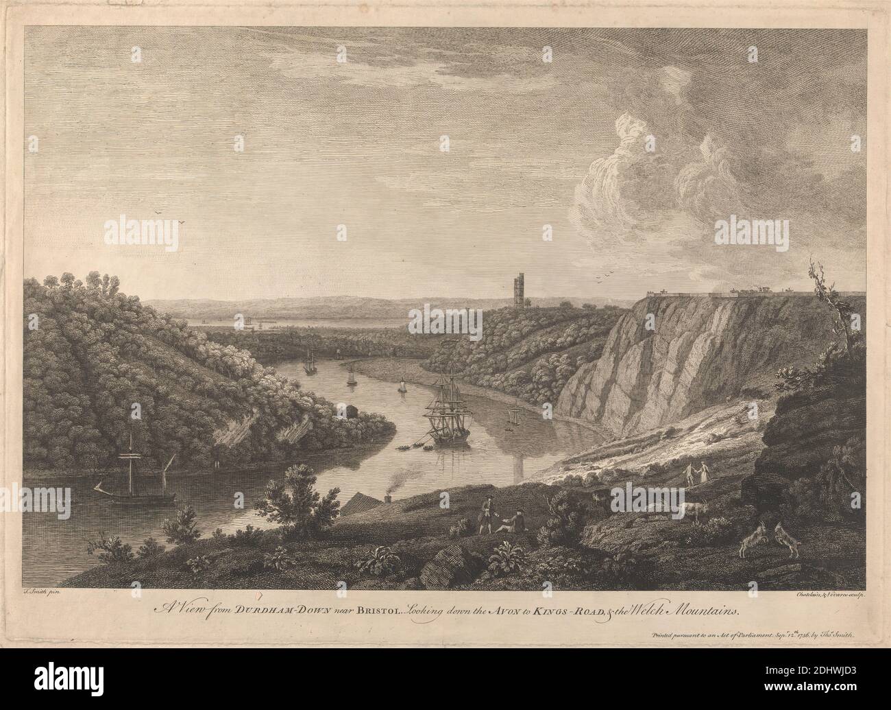 A View from Durdham-Down Near Bristol, en descendant l'Avon, Jean B. C. Chatelain, 1710–1771, French, and Francois Vivares, 1709–1780, French, OR Thomas Vivares, v.1735–c.1790, British, après Thomas Smith de Derby, ca. 1720–1767, Grande-Bretagne, 1756, gravure, bateaux, falaises, collines, paysage, rivière, Avon, Bristol, Angleterre, Royaume-Uni Banque D'Images