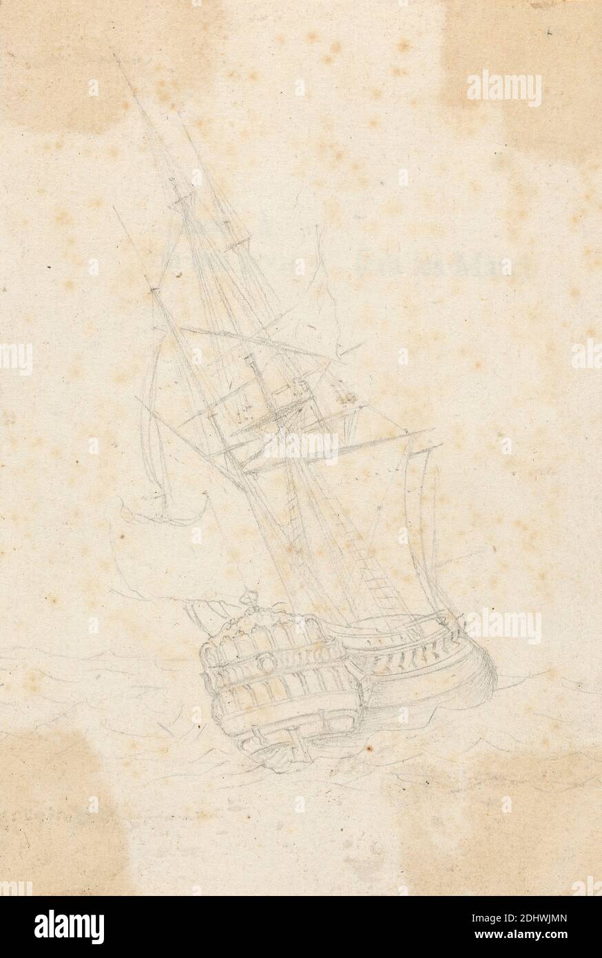Classe de frégate unique navire. Stern Forward, in Heavy Seas, Joseph Cartwright, c.1789–1829, britannique, non daté, Graphite sur moyen, légèrement texturé, beige, papier posé, modérément épais, lisse, beige, papier vélin, support: 8 5/8 × 16 7/8 pouces (21.9 × 42.9 cm) et feuille: 6 1/8 × 4 3/16 pouces (15.6 × 10.6 cm) Banque D'Images