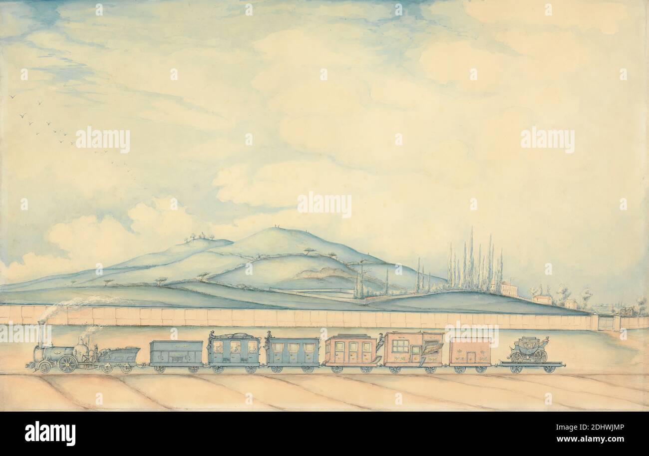 Vue sur le chemin de fer de Londres et Birmingham, Primrose Hill, Chalk Farm, montrant le bureau de poste itinérant, W. S. Penson, 19e siècle, non daté, Graphite, stylo et encre, aquarelle, et gouache, avec égratignures sur papier vélin moyen, légèrement texturé, crème, feuille: 9 1/2 x 14 7/8in. (24.1 x 37,8 cm) et feuille : 9 1/2 x 14 7/8 pouces (24.1 x 37.8 cm) Banque D'Images