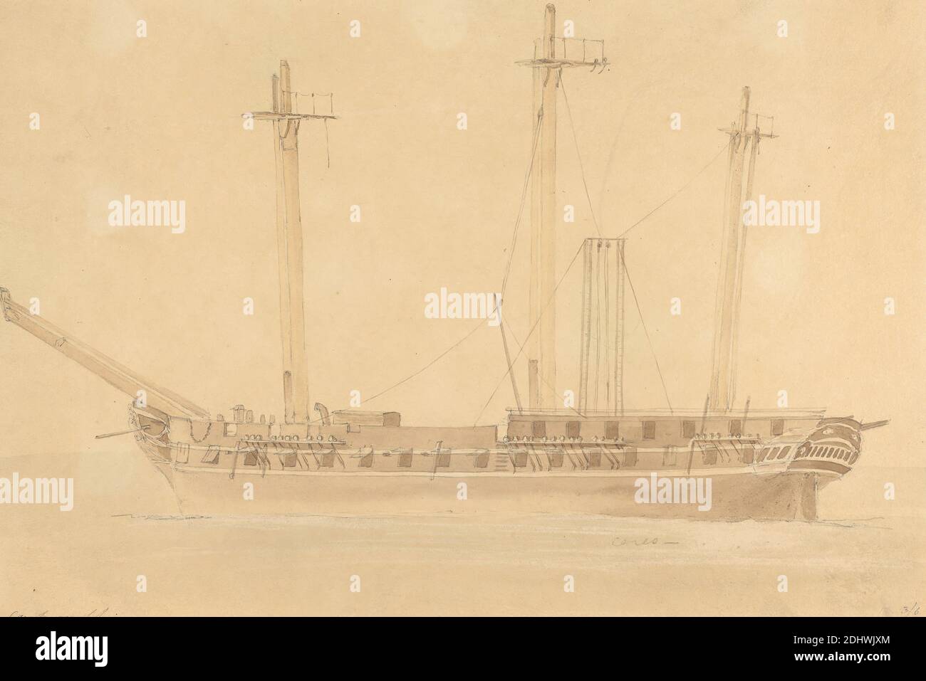 Ceres: Vue latérale du navire de classe Frigate, Joseph Cartwright, c.1789–1829, British, non daté, encre stylo et marron, lavage brun et graphite sur papier à pied beige modérément épais, modérément texturé, monté sur papier à pied beige modérément épais, lisse, feuille: 8 7/8 × 13 1/4 pouces (22.5 × 33.7 cm Banque D'Images