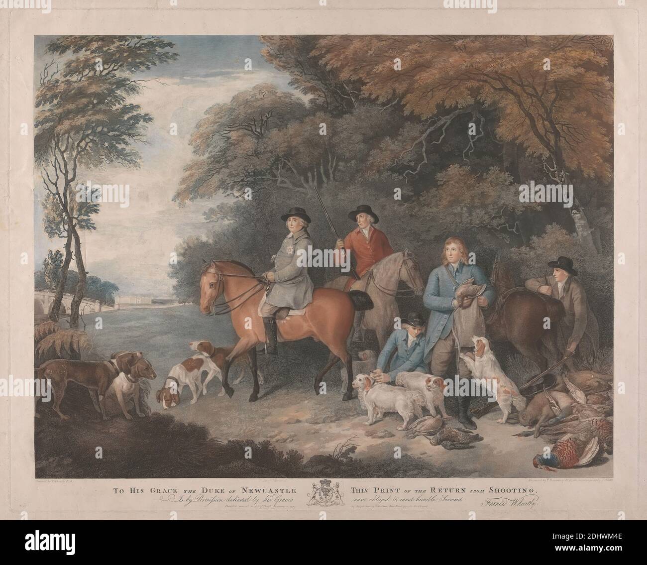 A sa grâce le duc de Newcastle, cet imprimé du Return from Shooting, imprimé par Francesco Bartolozzi RA, 1728–1815, italien, actif en Grande-Bretagne (1764–99), et Samuel Alken, 1756–1815, britannique, d'après Francis Wheatley, 1747–1801, britannique, 1792, imprimé couleur à l'aquatint et à la pointe sèche, feuille : 21 x 26. (53.3 x 66,7 cm), pont (travail bâti), chiens (animaux), chevaux (animaux), chiens (chiens), chasse, faisans, portrait, lapins, Espagnols (race), art sportif, Clumber House, Angleterre, Notinghamshire, Royaume-Uni, Worksop Banque D'Images