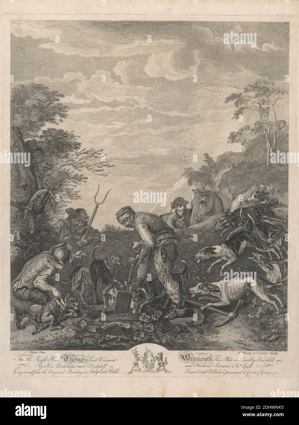 Un ensemble de sept, sans titre, chacun consacré: À la droite Hon'ble. Thomas Lord Viscount Weymouth...from la peinture originale dans le long Leat Hall. Trois hommes creusant la terre d'un renard, regardés avec impatience par les huards..., L. Truchy, 1721–1764, Pierre Charles Canot, CA. 1710–1777, français, actif en Grande-Bretagne, après John Wootton, 1682–1764, britannique, 1735, gravure, feuille : 19 1/2 x 15 3/4in. (49.5 x 40cm Banque D'Images