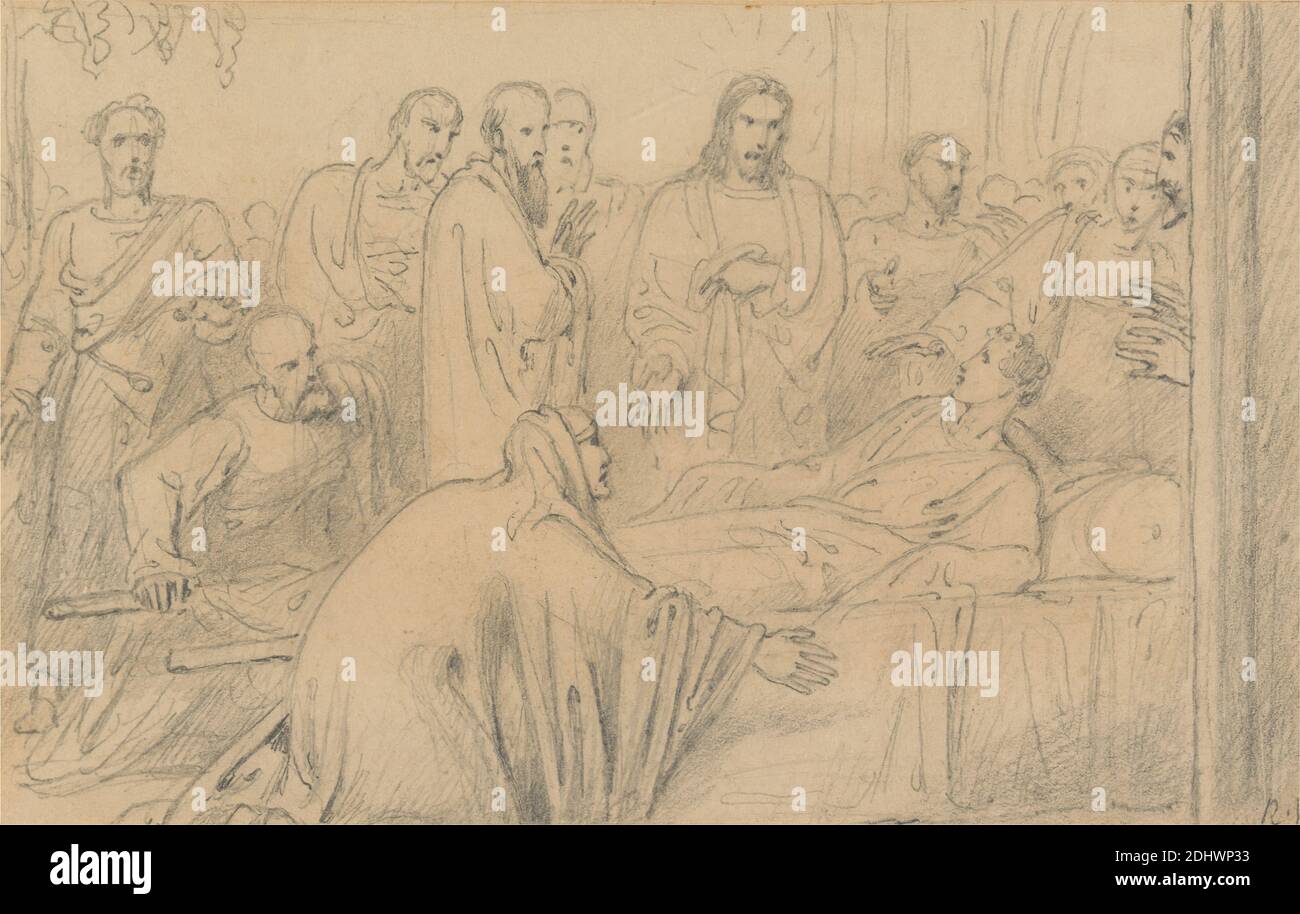 Christ élevant le fils de la veuve (Luc 7:13-16), Richard Westaall, 1765–1836, Britannique, avant 1836, Graphite sur papier de vélin moyen et doux, feuille: 3 3/8 x 5 3/8 pouces (8.6 x 13.7 cm), Christ touche le bier du fils de la veuve de Nain: Le jeune homme s'assoit, mort, illustration, hommes, miracle, Nouveau Testament, oreiller, prophète, sujet religieux et mythologique, robe, draps (couvre-lits), fils, veuve, femme Banque D'Images