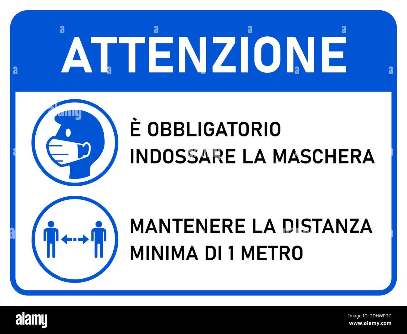 Panneau d'instructions horizontales avec jeu d'icônes en italien, y compris masques faciaux d'attention requis et rester à au moins 1 mètre de distance. Image vectorielle. Illustration de Vecteur