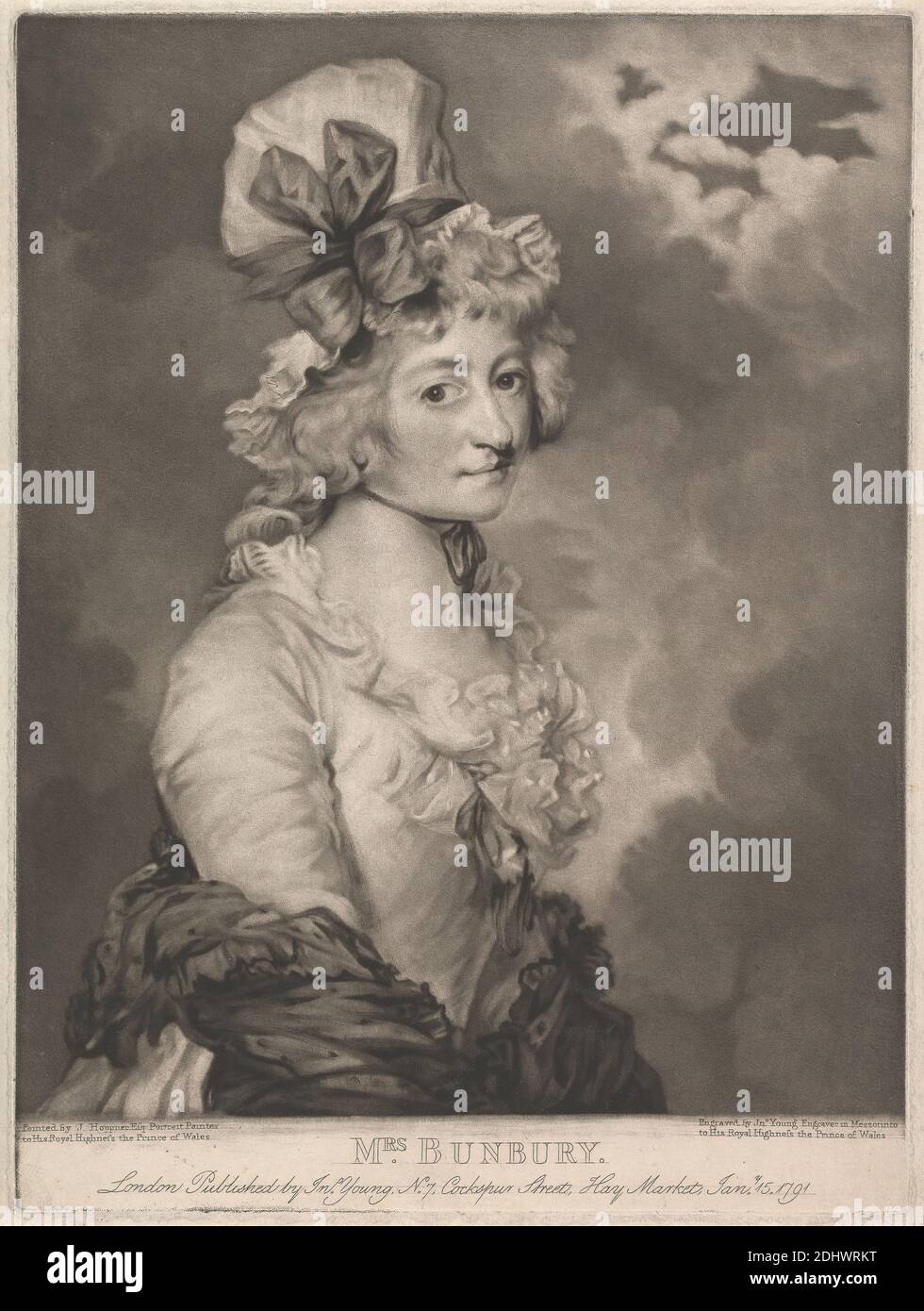 Mme Bunbury, imprimé par John Young, 1755–1825, British, After John Hoppner, 1758–1810, British, 1791, Mezzotint (premier état) sur modérément épais, modérément texturé, crème, papier couché, feuille: 12 5/8 × 9 1/2 pouces (32.1 × 24.1 cm), plaque: 12 3/8 × 9 1/16 pouces (31.4 × 23 cm), et image: 11 1/4 × 23 cm (9 1/16 × 28.6 pouces) Banque D'Images