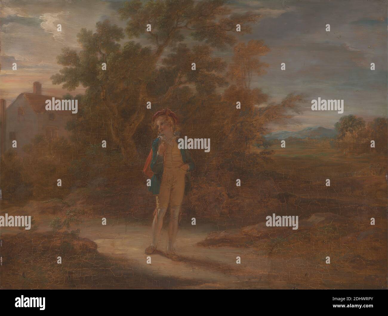 Les sept âges de l'homme : l'élève, « comme vous l'aimez », II, VII, Robert Smirke, 1752–1845, britannique, entre 1798 et 1801, huile à panneaux, soutien (PTG) : 15 x 19 7/8 pouces (38.1 x 50.5 cm), comme vous le souhaitez, jouer par William Shakespeare, sac, garçon, costume, craqué, paysage, thème littéraire, chemin, poche, écolier, théâtre (discipline), arbre, marche Banque D'Images