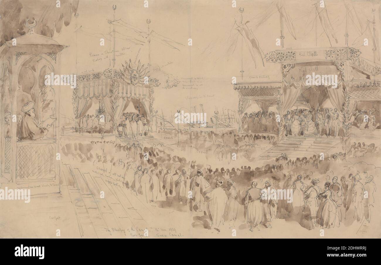 La Bénédiction du canal de Suez, 16 novembre 1869, William Simpson, 1823–1899, British, après 1869, Graphite et lavage brun sur papier légèrement épais, légèrement texturé, crème asiatique, feuille : 10 7/8 x 17 1/4 pouces (27.6 x 43.8 cm), autel, sujet architectural, évêque (prétardif), bénédiction, célébration, cérémonie, croix, foule, figures, drapeaux, sujet historique, hommes, prêtres, chaire, femmes, Afrique, Égypte, Port Said, Mer Rouge, Canal de Suez, urbain Banque D'Images