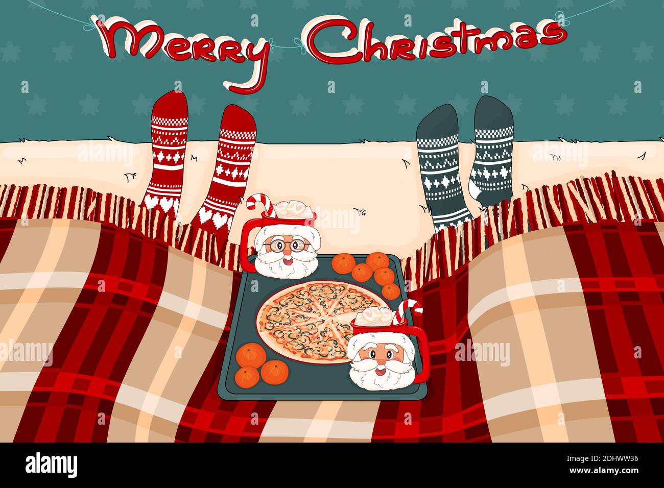 Tasses sous forme de Santa Claus avec des verres au cacao, guimauves, bonbons, mandarines et pizza sur un plateau il y a deux personnes sous une couverture o Illustration de Vecteur