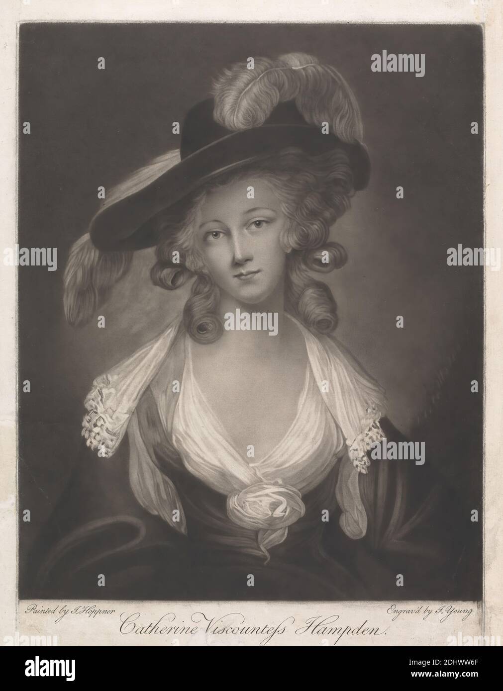 Catherine, Viscountess Hampden, imprimé par John Young, 1755–1825, British, After John Hoppner, 1758–1810, British, 1786, Mezzotint (deuxième état) sur papier moyen, légèrement texturé, crème, couché, feuille: 15 3/8 × 12 pouces (39.1 × 30.5 cm) et image: 13 5/8 × 10 15/16 pouces (34.6 × 27.8 cm Banque D'Images