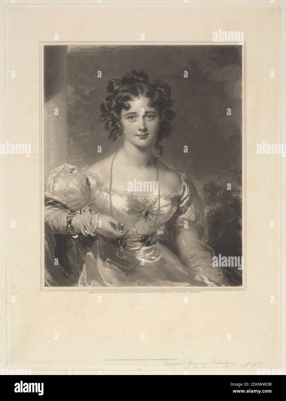 Mlle Croker, imprimé par Samuel cousins, 1801–1887, britannique, d'après Sir Thomas Lawrence, 1769–1830, britannique, publié par M. Colnaghi, établi en 1760, active ca. 1785–1911, italien, actif en Grande-Bretagne, 1828, Mezzotint (premier état publié) sur papier vélin moyen, légèrement texturé, feuille: 19 1/8 × 15 1/4 pouces (48.6 × 38.7 cm), plaque: 14 × 10 1/2 pouces (35.6 × 26.7 cm), Cine Collé: 13 5/8 × 10 1/4 pouces (34.6 × 26 cm), et image: 9 1/4 × 7 5/8 pouces (23.5 × 19.4 cm), bracelet, chemise, étude de figure, fille, perles, ceinture Banque D'Images