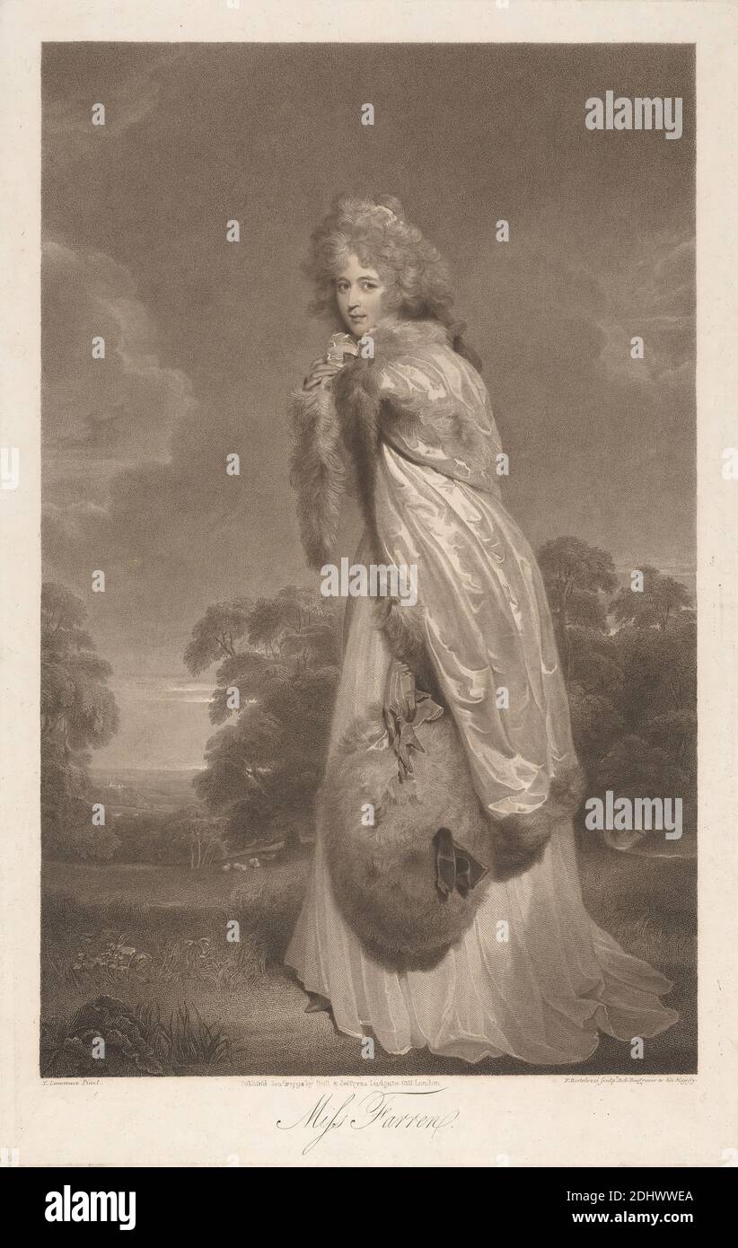 Miss Farren, imprimé de Francesco Bartolozzi RA, 1728–1815, italien, actif en Grande-Bretagne (1764–99), et Charles Knight, 1743–c.1826, britannique, d'après Sir Thomas Lawrence, 1769–1830, britannique, publié par Bull & Jeffryes, actif 1793–1804, britannique, 1792, gravure de gravure de gravure et de créplage (cinquième état) sur papier à texture, légèrement couchée, feuille de papier: 22 1/4 × 14 1/4 pouces (56.5 × 36.2 cm) et image : 19 1/2 × 12 1/2 pouces (49.5 × 31.8 cm), actrice, cape, nuages, fourrure, chapeau de fourrure, gants, portrait, arbres, femme Banque D'Images