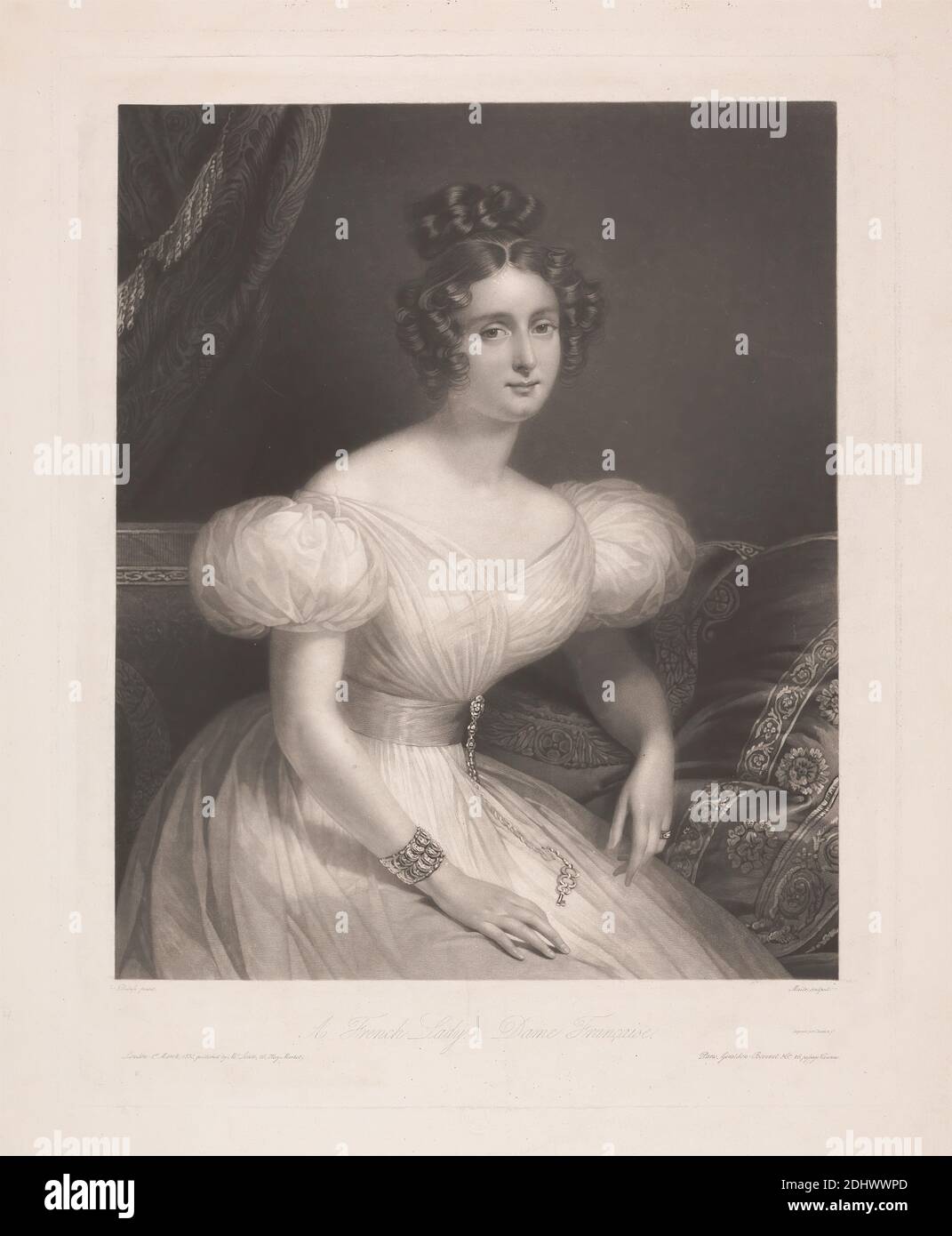 A French Lady, imprimé par George Maile, actif 1824–1840, d'après Claude-Marie Dubufe, 1790–1864, français, publié par Thomas McLean, 1788–1875, britannique, 1830, Mezzotint sur papier vélin moyen, légèrement texturé, crème, feuille: 21 1/2 × 17 1/4 pouces (54.6 × 43.8 cm), plaque: 16 3/4 × 13 3/8 pouces (42.5 × 34 cm) et image : 13 7/8 × 11 1/2 pouces (35.2 × 29.2 cm) Banque D'Images