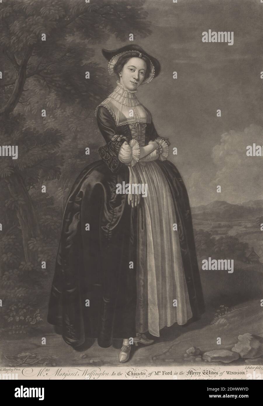 Margaret Woffington comme Mme Ford dans «les femmes Joyeuses de Windsor», imprimé par John Faber le plus jeune, ca. 1695–1756, Netherlandish, active en Grande-Bretagne, après Edward Haytley, active 1740–1761, British, 1751, Mezzotint sur papier crème moyen, légèrement texturé, feuille: 19 3/4 × 14 pouces (50.2 × 35.6 cm) et image: 19 × 13 3/4 pouces (48.3 × 34.9 cm), actrice, costume, gants, thème littéraire, pièces de William Shakespeare, les femmes Joyeuses de Windsor, pièce de William Shakespeare Banque D'Images