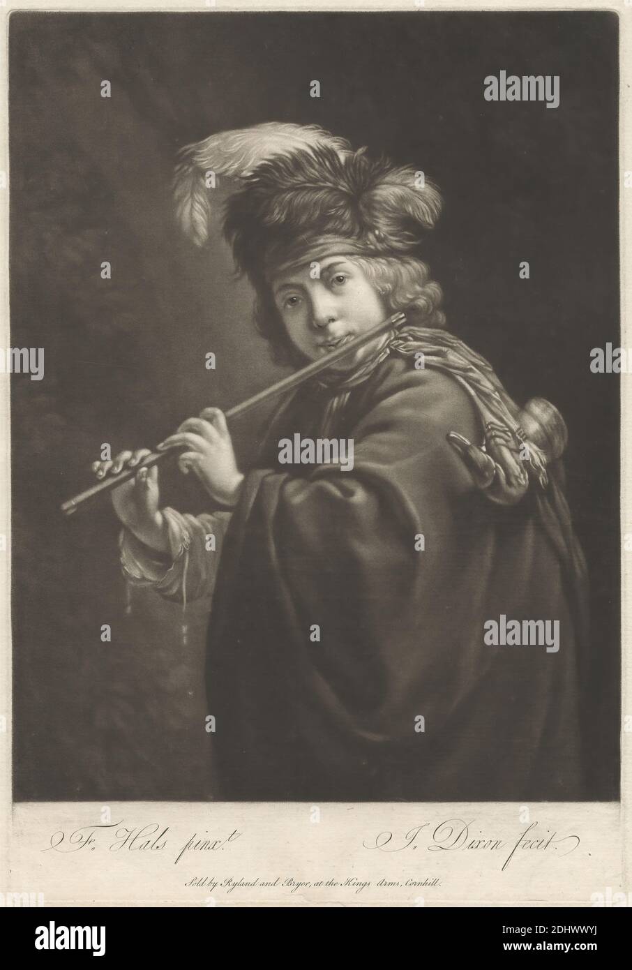 Flûte Player, imprimé par John Dixon, ca. 1740–1811, irlandais, après Franz Hals, vers. 1580–1666, Néerlandais, publié par William Wynne Ryland, 1732–1783, British, et Henry Bryer, décédé en 1782 ou avant, British, entre 1765 et 1771, Mezzotint sur papier beige modérément épais, légèrement texturé, feuille: 14 3/16 x 10 15/16 pouces (36 x 27.8 cm), plaque: 12 7/8 x 8 11/16 pouces (32.7 x 22 cm), et image : 11 7/16 x 8 11/16 pouces (29.1 x 22 cm), manteau, boucles, plumes, flûte, regard, sujet de genre, chapeau, homme, musique, musicien, jouer, poser, foulard, debout Banque D'Images