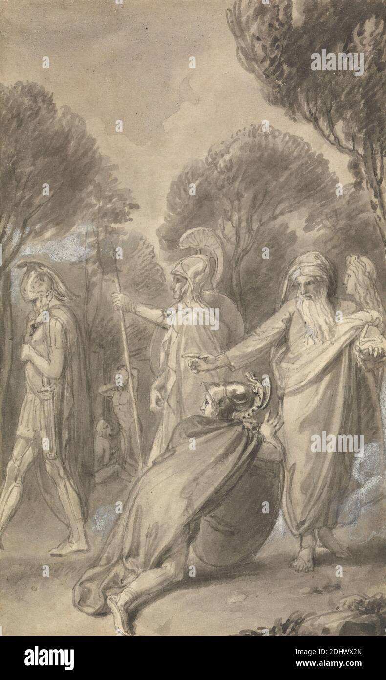 Une des six illustrations de Fenelon 'The Adventures of Telemachus, fils d'Ulysse', Thomas Stothard, 1755–1834, British, ca. 1784, encre stylo et grise, lavage gris et gouache blanc sur papier à feuilles moyennes, légèrement texturées, crème, feuille: 4 9/16 x 2 13/16po. (11.6 x 7,1 cm) et feuille: 4 5/8 × 2 7/8 pouces (11.7 × 7.3 cm), thème littéraire, mythologie, sujet religieux et mythologique Banque D'Images