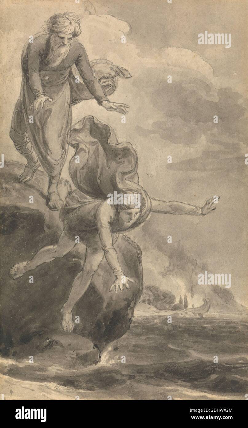 Une des six illustrations de Fenelon 'The Adventures of Telemachus, fils d'Ulysse', Thomas Stothard, 1755–1834, British, ca. 1784, encre stylo et grise et lavage gris sur papier vélin moyen, légèrement texturé, crème, feuille: 4 9/16 x 2 13/16po. (11.6 x 7,1 cm) et feuille: 4 5/8 × 2 7/8 pouces (11.7 × 7.3 cm), falaises, mythologie grecque, thème littéraire, mythologie, nymphes, sujet religieux et mythologique, Telemachus et Calypso, les nymphes de Calypso ont mis le navire de Telemachus sur feu, eau Banque D'Images