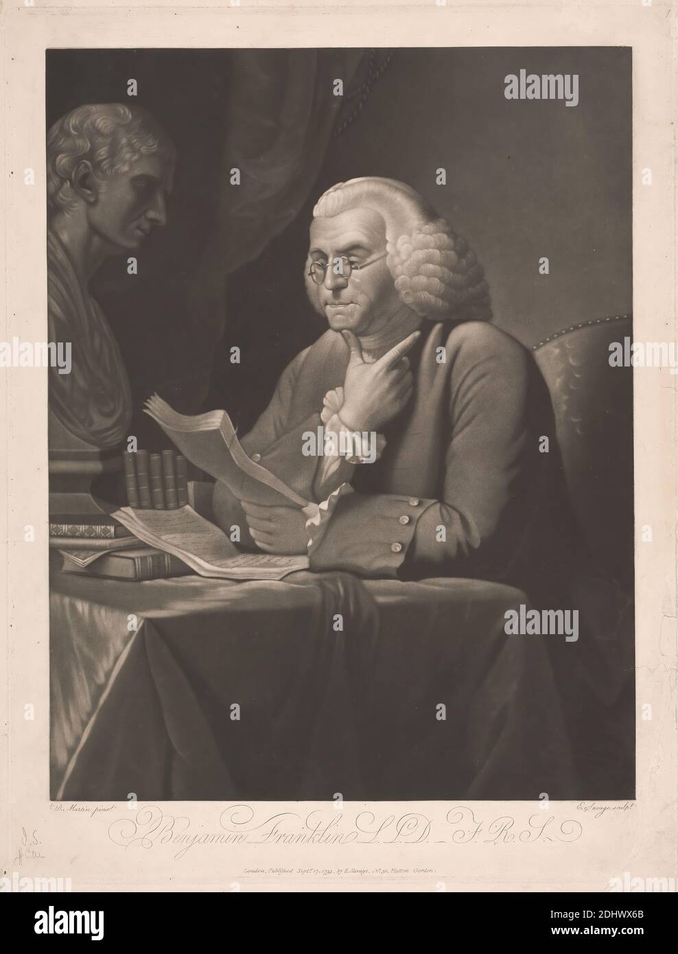 Benjamin Franklin, imprimé par Edward Savage, 1761–1817, américain, d'après David Martin, 1736/7–1798, britannique, 1793, Mezzotint sur papier épais, rugueux, crème, feuille: 21 5/8 × 16 9/16 pouces (54.9 × 42.1 cm), plaque: 21 × 16 pouces (53.3 × 40.6 cm), et image: 18 1/16 × 35.6 cm (14 × 45.9 pouces) Banque D'Images