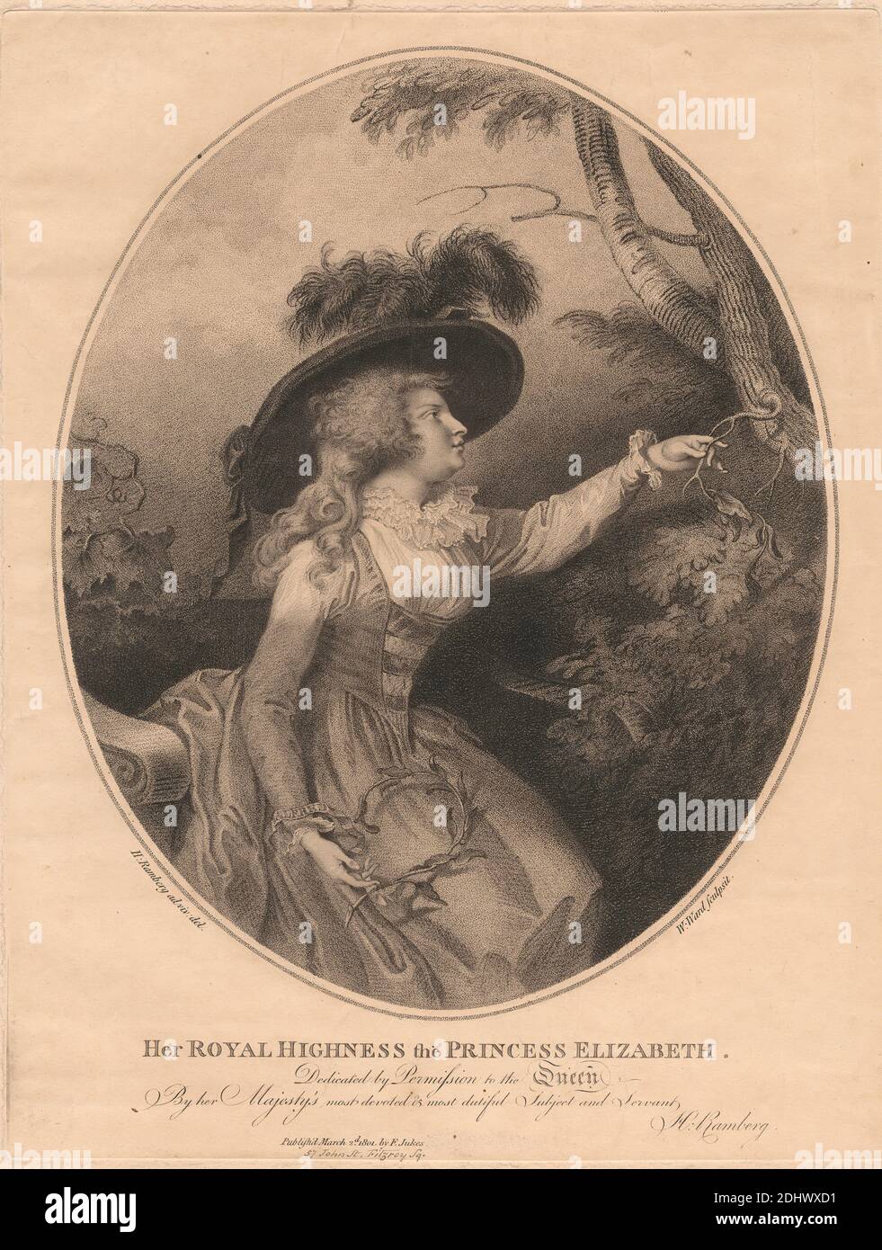 Son Royal Highnes la princesse Elizabeth, imprimé par William Ward, 1766–1826, britannique, d'après Johann Heinrich Ramberg, 1763–1840, allemand, active en Grande-Bretagne (1781–88), publié par Francis Jukes, 1747–1812, britannique, 1801, gravure à l'effigie sur papier ponté moyennement épais, modérément texturé, beige, feuille : 13 5/16 × 10 5/16 pouces (33.8 × 26.2 cm), plaque : 13 1/16 × 10 pouces (33.2 × 25.4 cm) et image : 10 13/16 × 8 11/16 pouces (27.5 × 22.1 cm) Banque D'Images