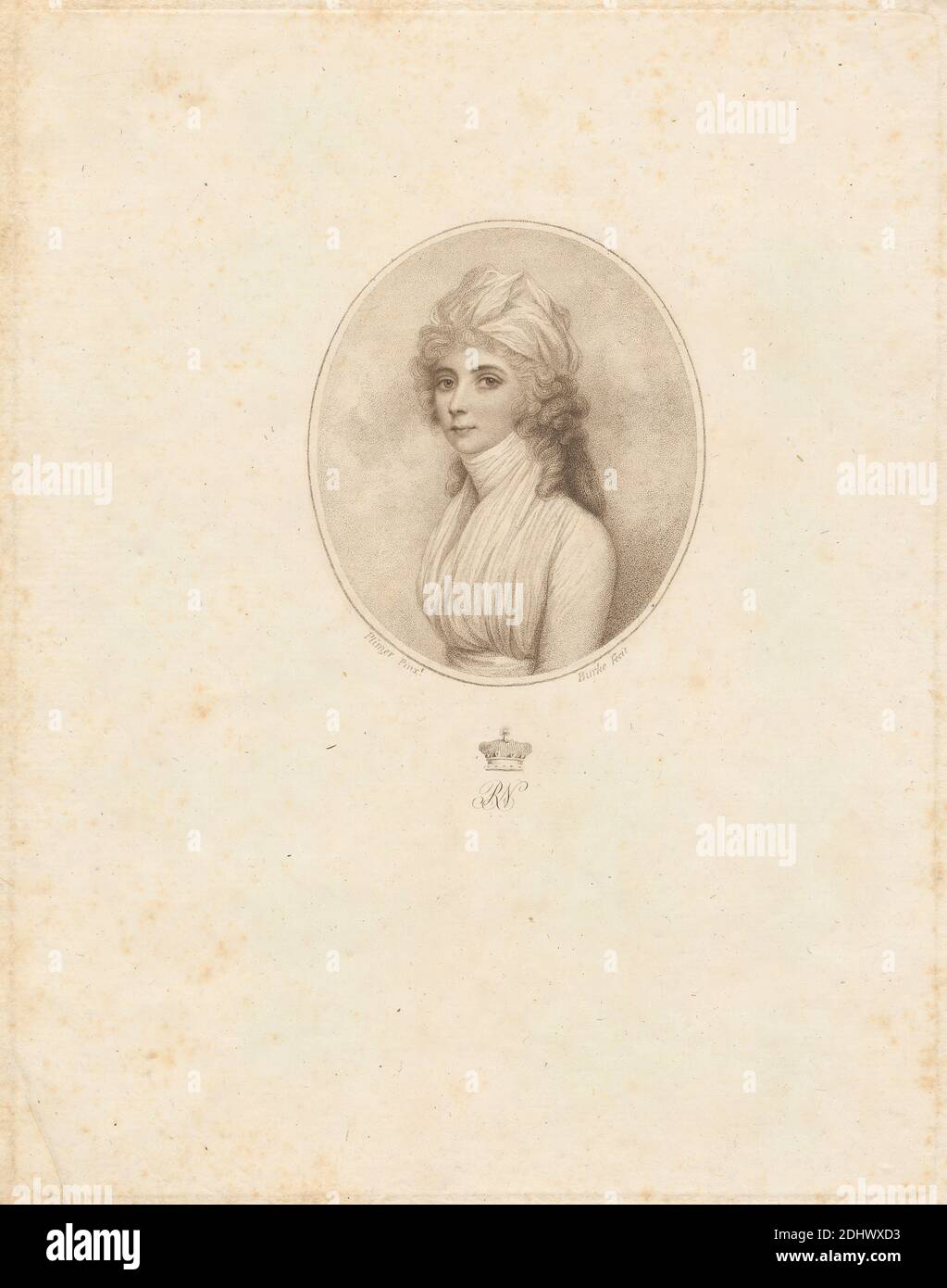 Rebecca First Lady Northwick, imprimé par Thomas Burke, 1749–1815, British, After Andrew Plimer, 1763–1837, British, non daté, gravure en crépi sur papier légèrement épais, légèrement texturé, crème, feuille: 10 3/16 x 7 7/8 pouces (25.8 x 20 cm), plaque: 9 x 7 1/16 pouces (22.9 x 17.9 cm), et image: 3 9/16 x 3 1/16 pouces (9 x 7.7 cm), casquette, col, boucles, regard, cheveux, dame, ovale, portrait Banque D'Images
