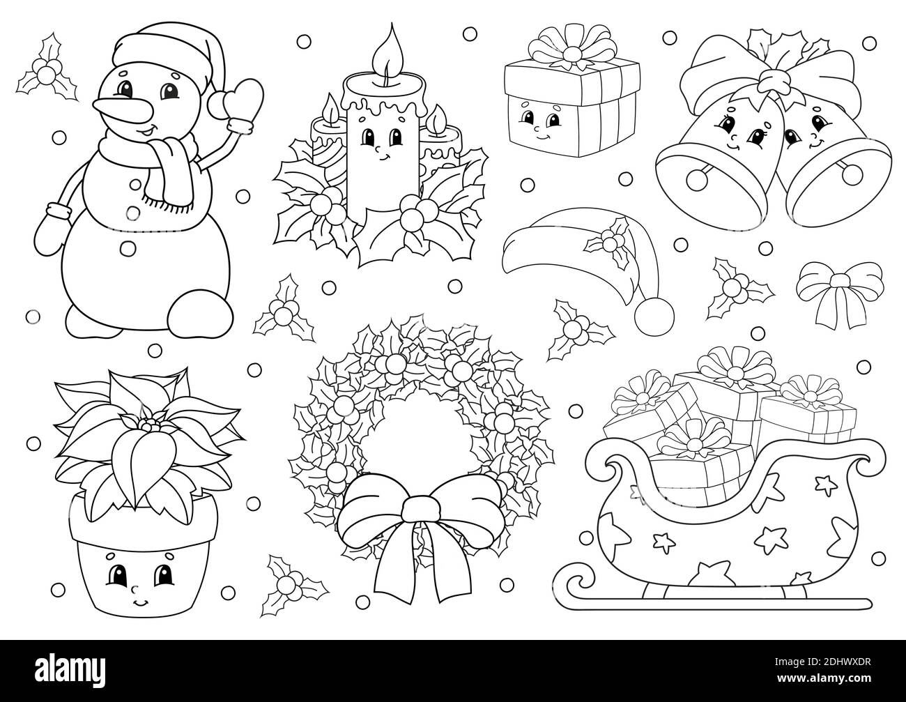 Livre De Coloriage Pour Enfants Theme Joyeux Noel Personnages Joyeux Illustration Vectorielle Joli Dessin Anime Silhouette De Contour Noire Isole Sur Whi Image Vectorielle Stock Alamy